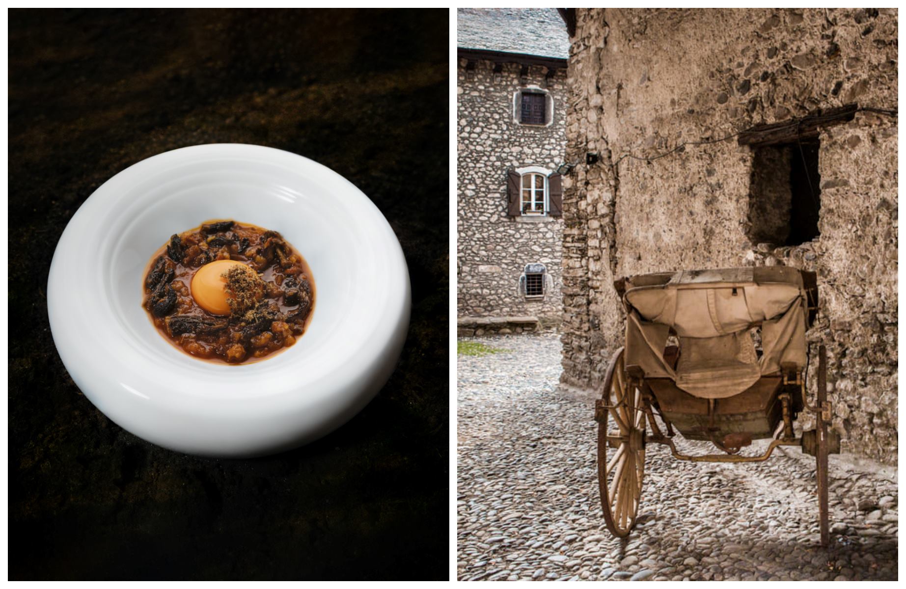 Los callos de colmenilla, uno de los clásicos del restaurante Ansils, y un rincón de Anciles, un pueblo medieval de alta montaña en el Pirineo oscense. © Izquierda: Lucía Gan Benedí / Ansils; Derecha: Turismo de Aragón