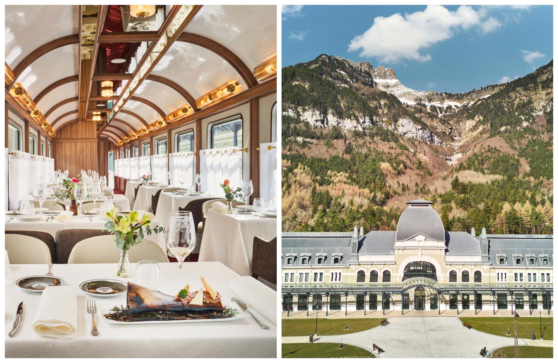 En el interior de un vagón de tren restaurado del hotel Canfranc Estación, a Royal Hideaway Hotel (distinguido con dos Llaves MICHELIN), el restaurante Canfranc Express propone un menú degustación que reinterpreta las tradiciones aragonesas. © Canfranc Express 