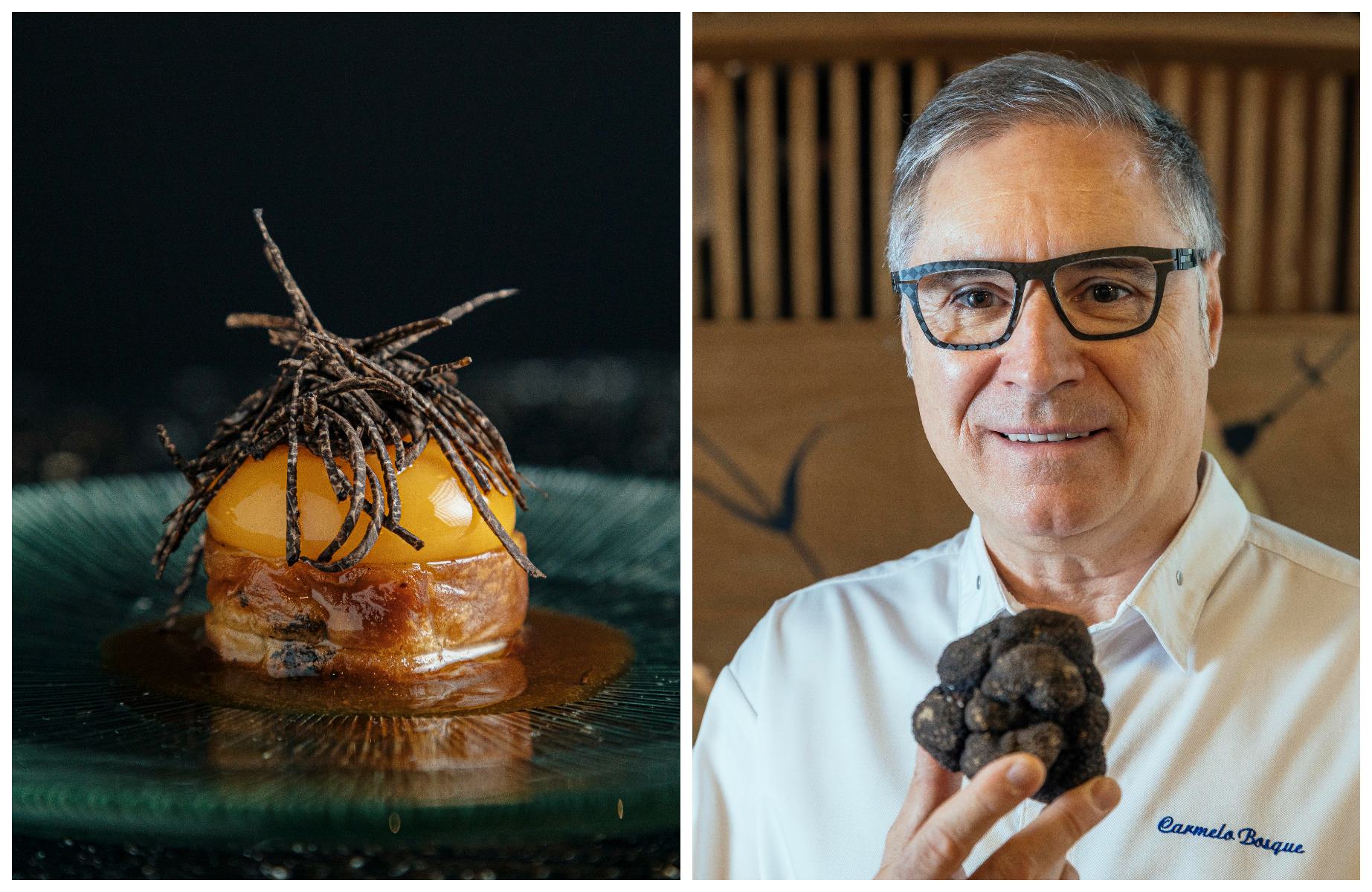 La emblemática Patata trufada con huevo a baja temperatura de Lillas Pastia, en la ciudad de Huesca, y el chef Carmelo Bosque, con la trufa negra de Aragón. © Lillas Pastia