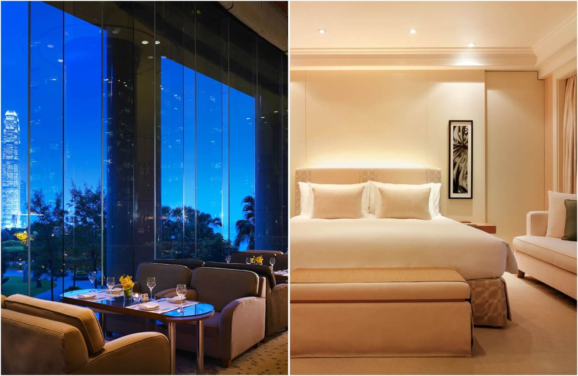 Tiffin buffet and a guest room at Grand Hyatt Hong Kong. © Grand Hyatt Hong Kong