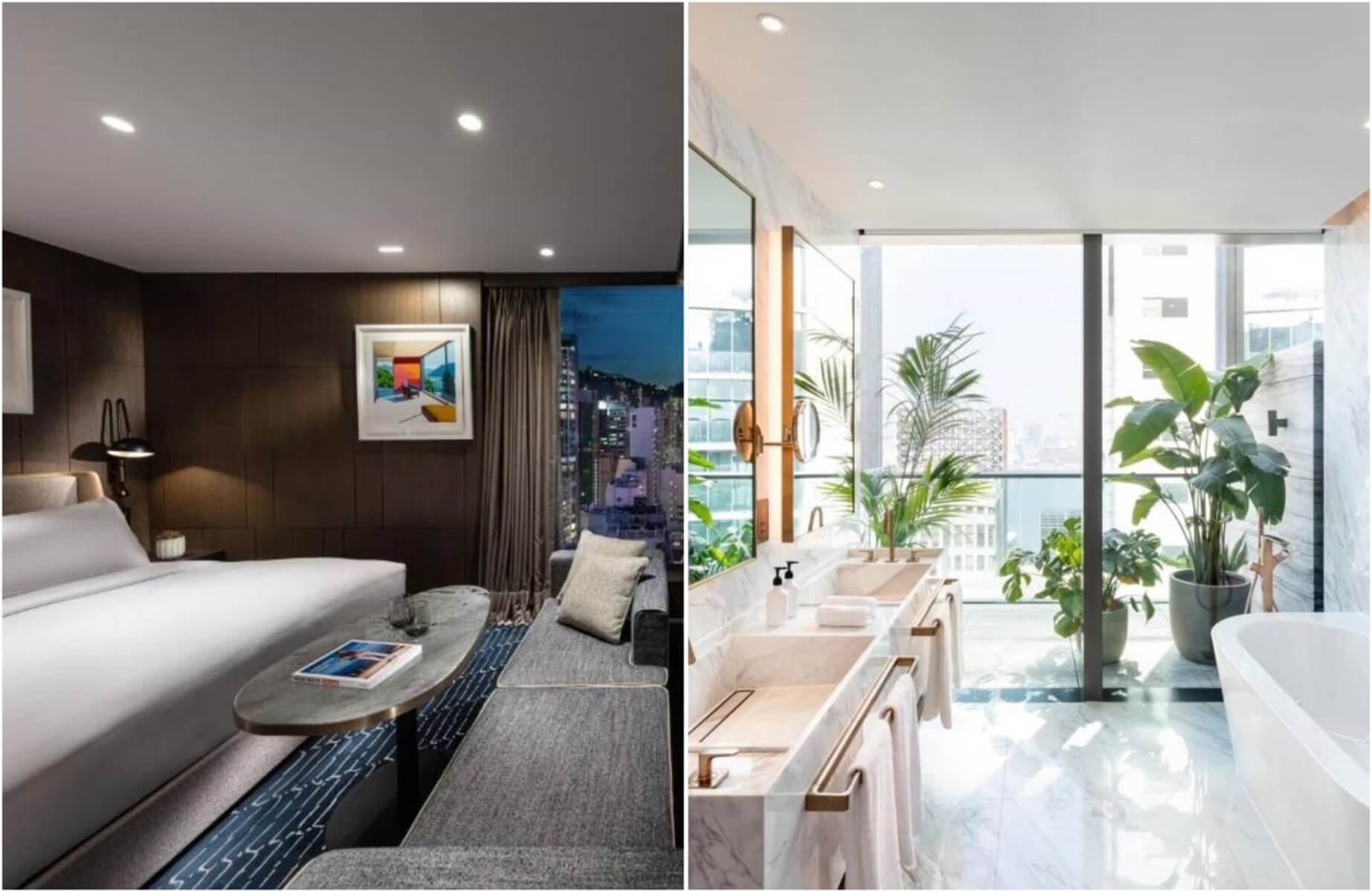 Guest room and bathroom at The Hari Hong Kong,  embracing a contemporary design softened by warm materials and linen textures. © The Hari Hong Kong