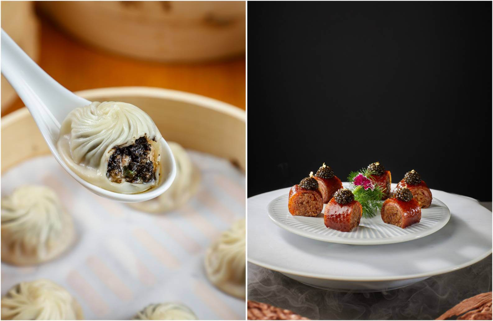 鼎泰豐的松露小籠包與永翠宮的魚子醬八寶烤鴨卷。© keruyun/Din Tai Fung (COD) / 永翠宮