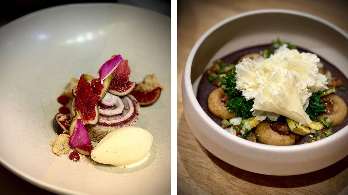 Roulé à la figue, glace vanille de Papantla, crème à l'hibiscus / Tesmoles, salsa de frijoles, tête de moine, pico de gallo, praliné graines de courge © Fernanda Pillon / Agave