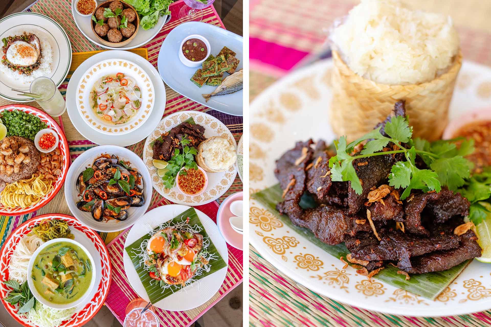 The rainbow of dishes you can get at International Market and Neua Tod with sticky rice. © Mary Craven/International Market