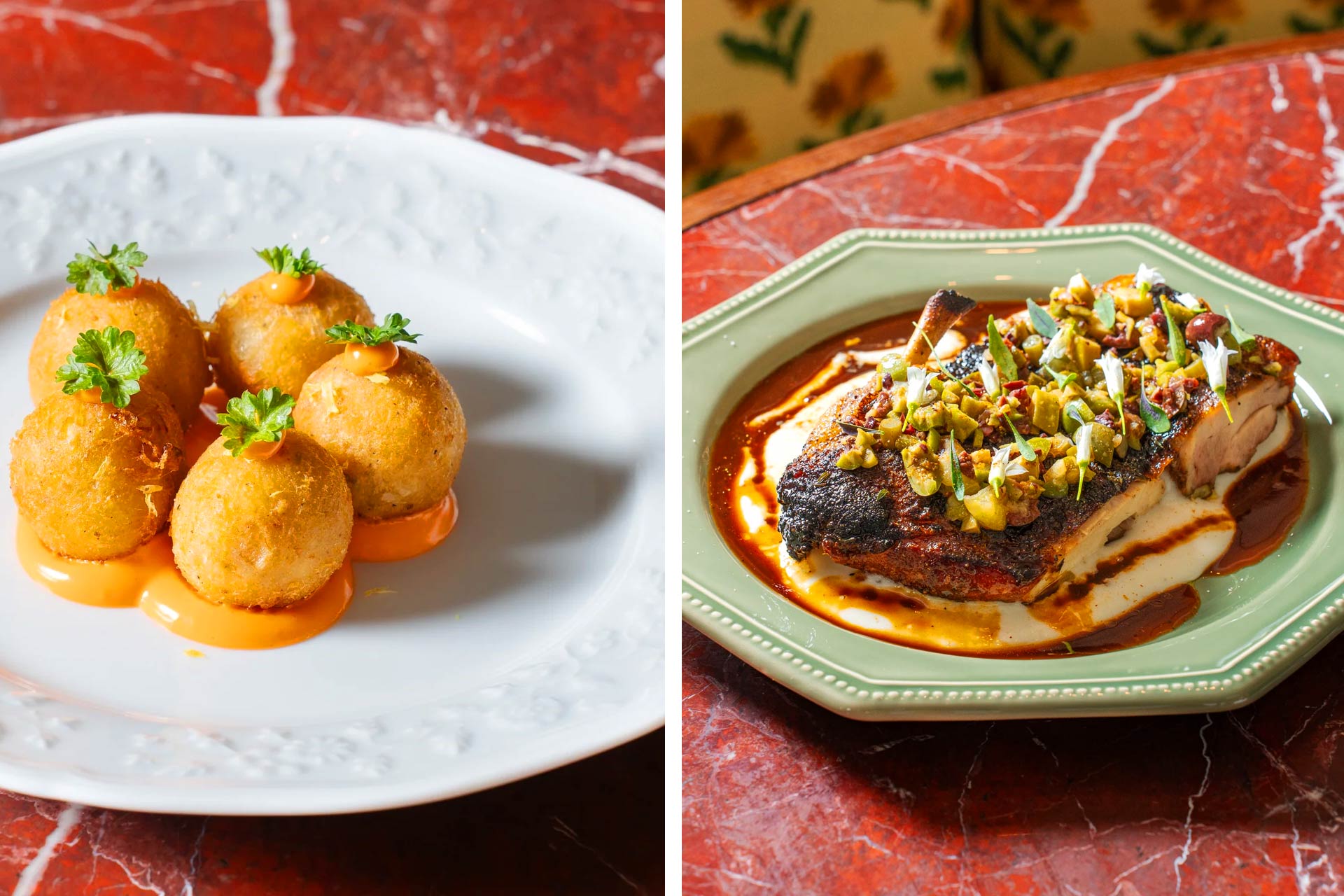 Salt cod fritters and roasted farm chicken finished in a harissa jus from Maison Passerelle. © Heather Willensky/Maison Passerelle
