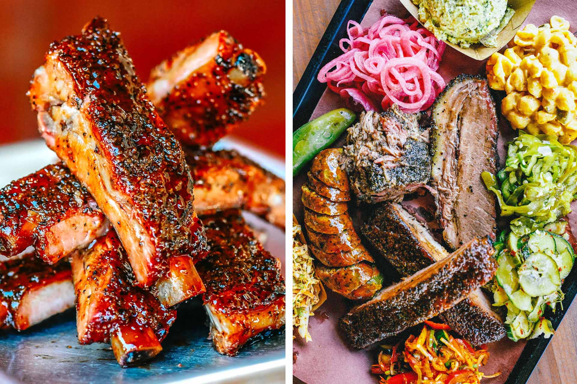 Mouthwatering ribs, sausage and sides at la Barbecue. © Meg Nanna/la Barbecue