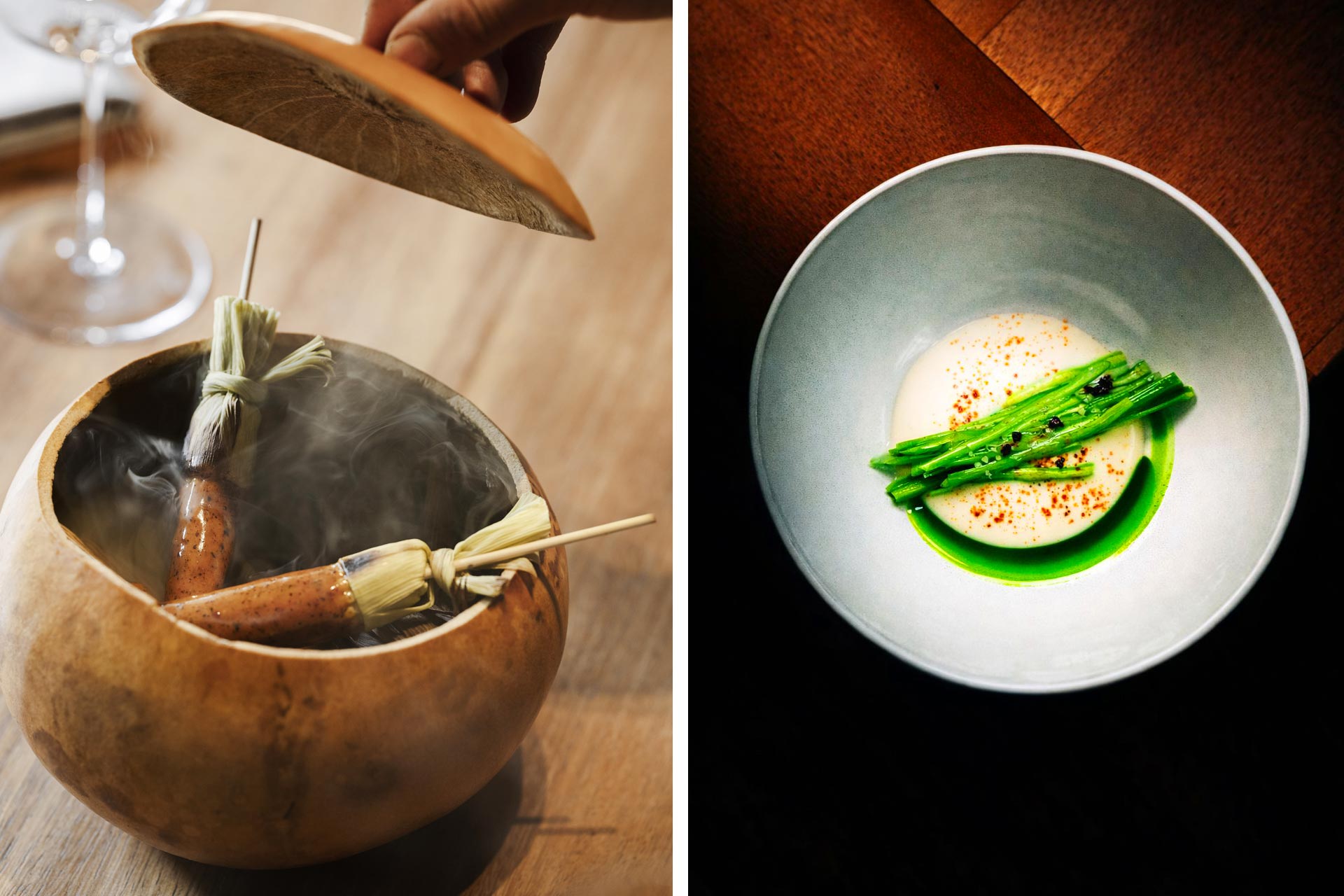 Smoked baby corn amuse-bouche at Pujol and fresh beans with almonds and coffee at Sud 777. © Araceli Paz/Pujol, © Sud 777