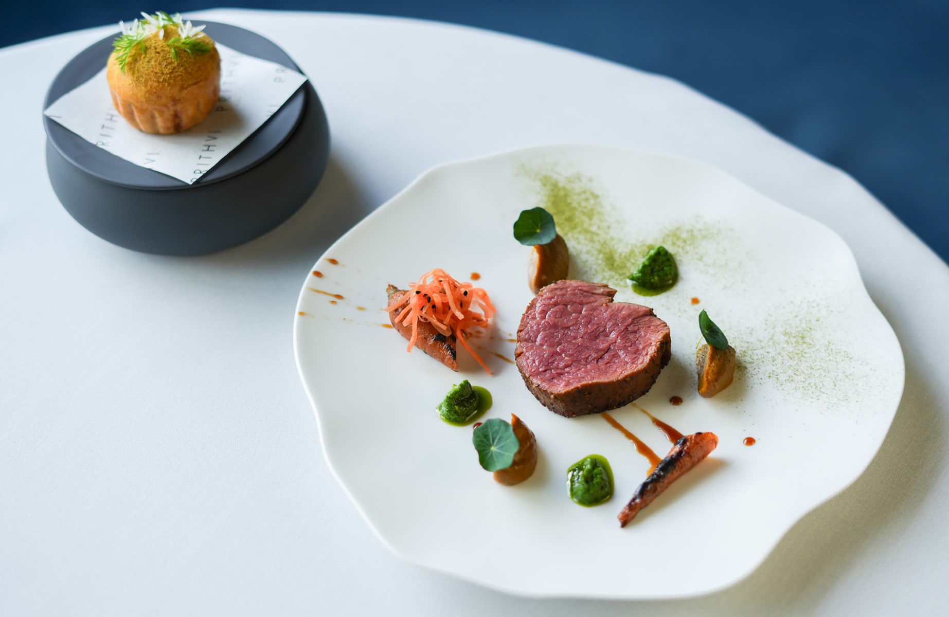 Wiltshire Beef Fillet, Tandoori Carrot, Star Anise, Ox Cheek Pao at Prithvi, Cheltenham. © Ellie Williams/Prithvi