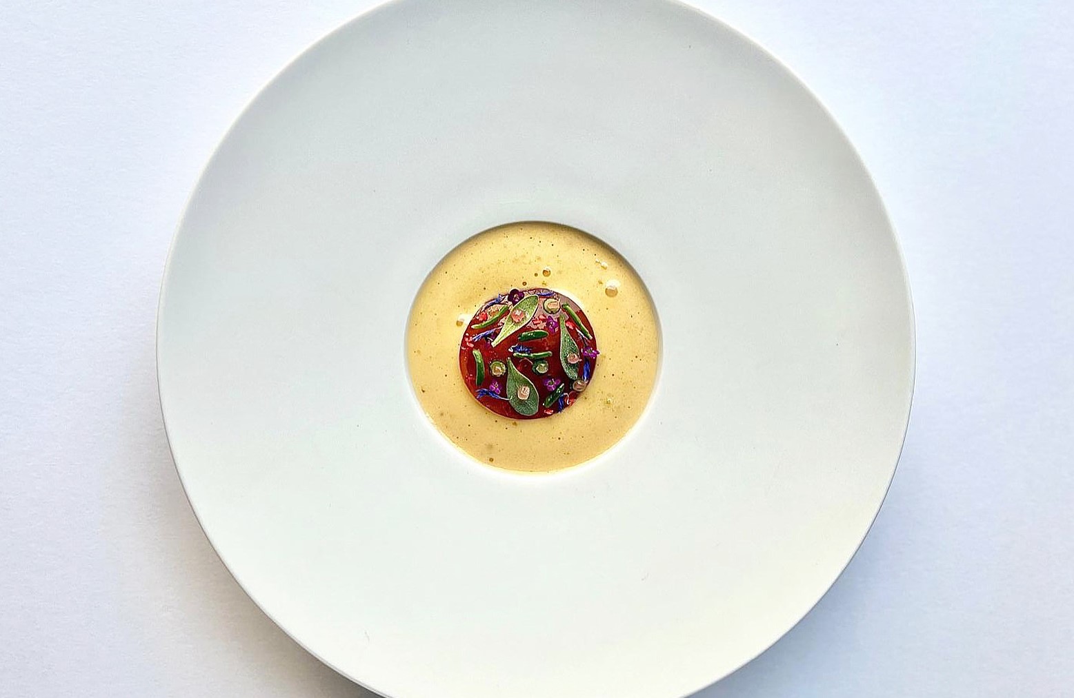 Crab with Brown Crab Sabayon, Jelly Disc and Sea Herbs at SOLSTICE BY KENNY ATKINSON, Newcastle. © Sean Elliot/SOLSTICE BY KENNY ATKINSON