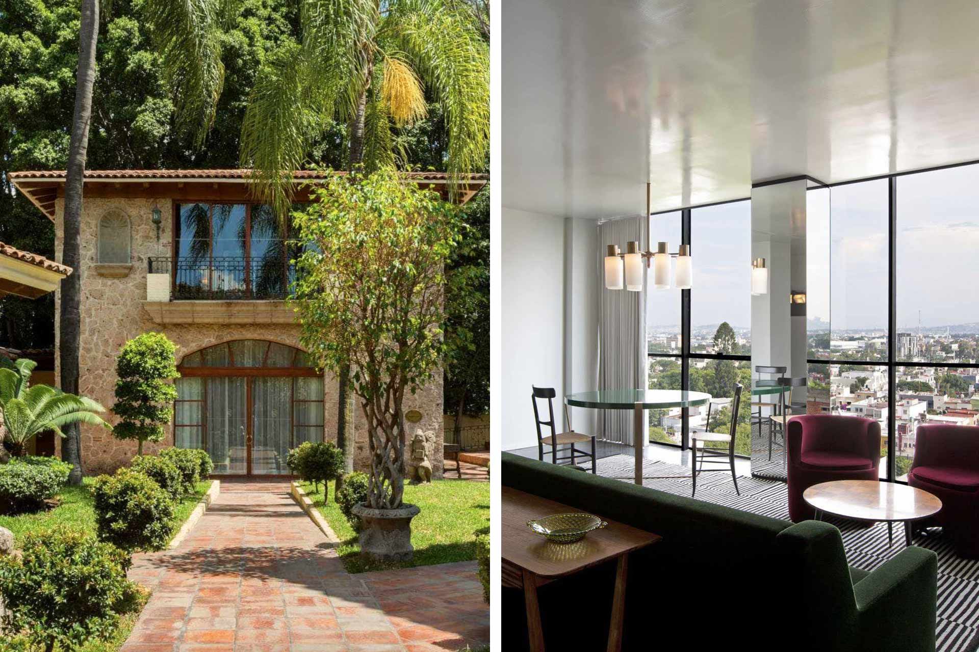 The stately hacienda-style Quinta Real Guadalajara and the sharp minimalist design of Casa Habita. © Quinta Real Guadalajara, © Casa Habita