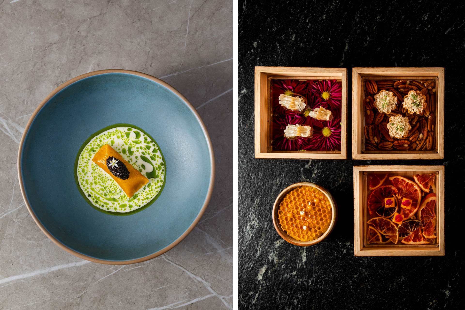 A pumpkin tamale from Pangea and geometric desserts at KOLI. © Fernando Gómez Carbajal/Pangea, © Hane Garza/KOLI Cocina de Origen