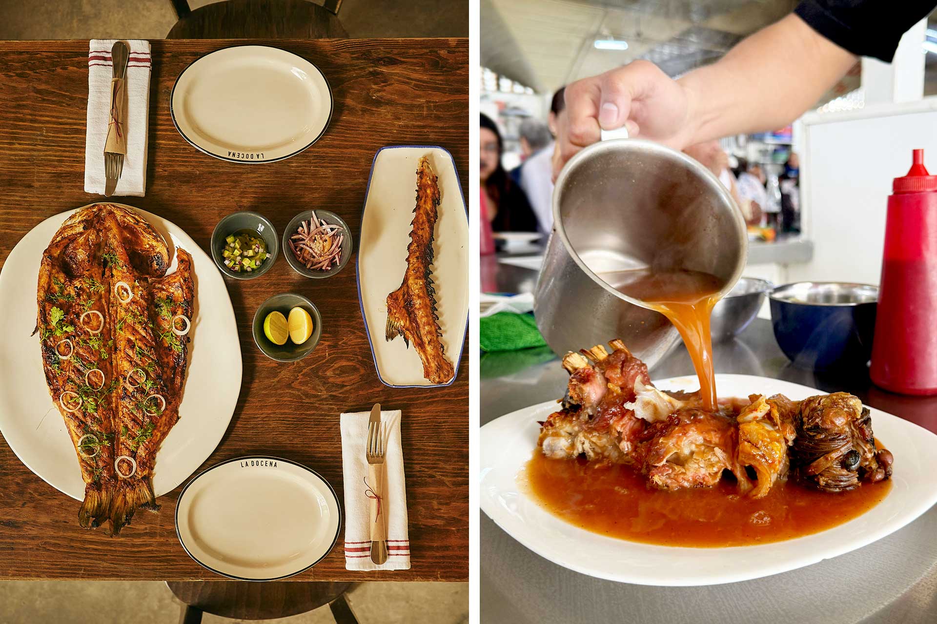 Delicious grilled seafood spread at La Docena and the epic birria at Birriería ”David.” © Mauricio Guerrero/La Docena, © Fernanda Valdivia/Birriería "David" 