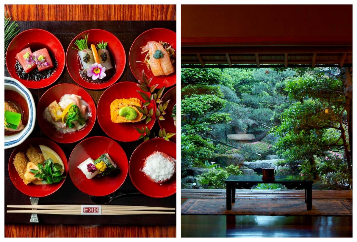 A spread of seasonal kaiseki with playful touches in Osaka, and the mist-laced gardens of Nishimuraya Honkan in the town of Kinosaki. © Kitashinchi Okurano, © Nishimuraya Honkan