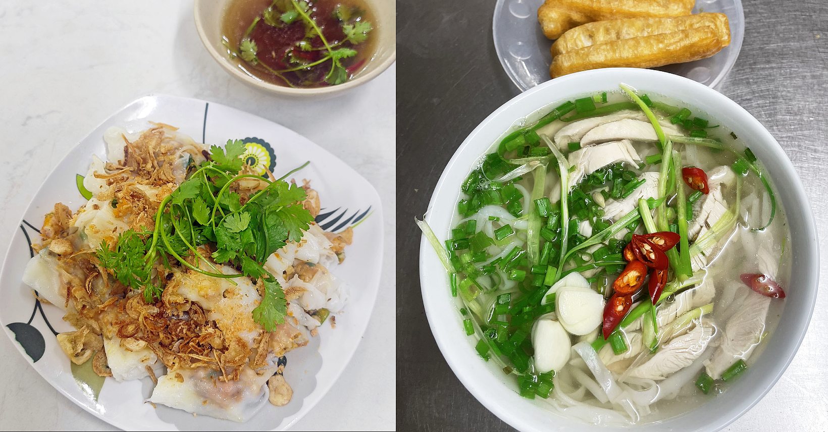 Delicias asequibles de Bánh Cuá»'n Gia Truyá» n Thanh Vân (calle Hang Ga) y Phở Hà Hà ng Hòm en Hanoi. © Guía MICHELIN