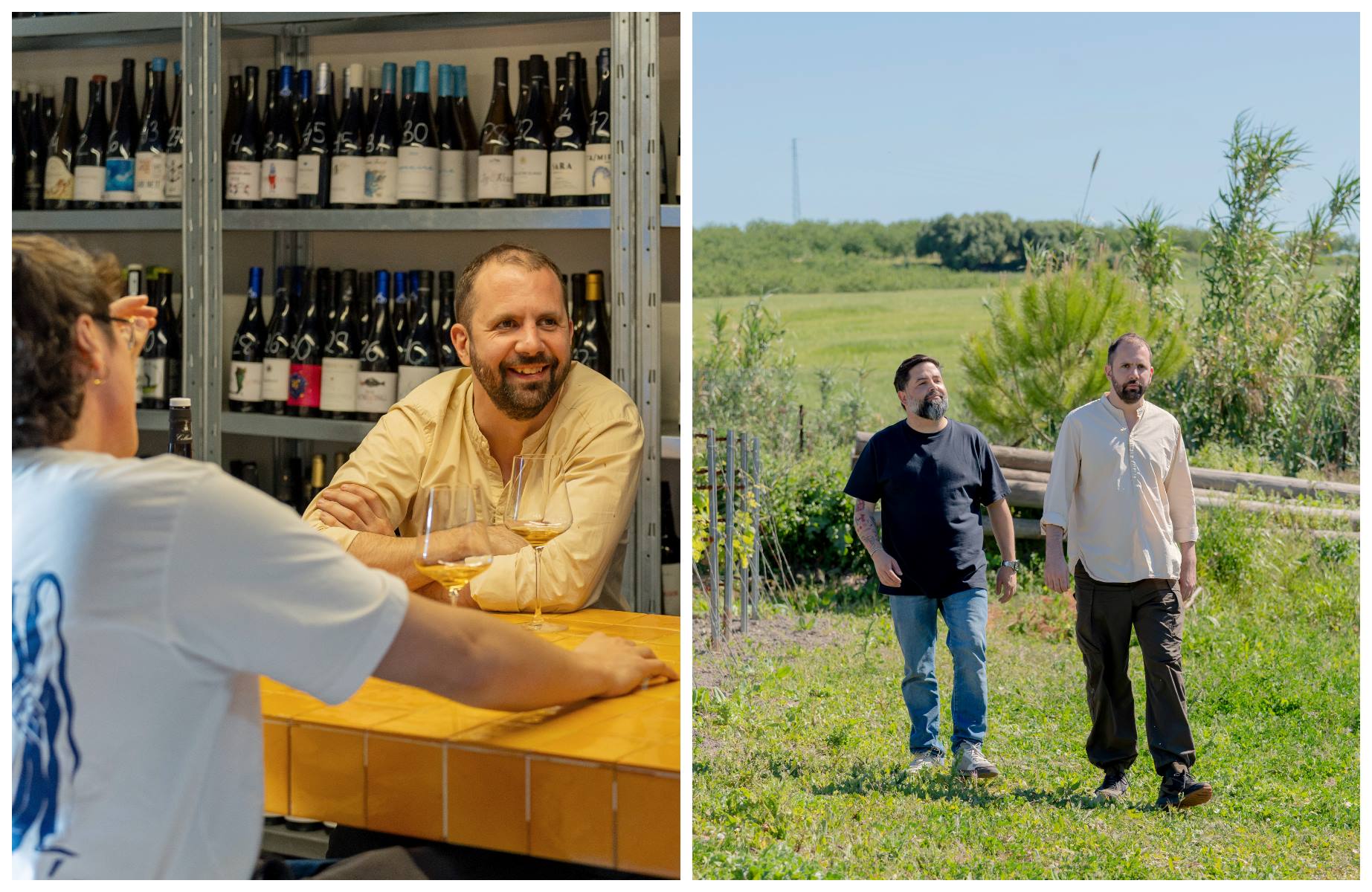 Juan Carlos Vidarte welcomes the two chefs to his wine bar, Albariza en las Venas, where he introduces Jerez wines to a younger audience; Fernández and Labron-Johnson stroll through the vineyards of Viña La Zarzuela, an organic artisanal winery in the Pago de Añina. © MICHELIN Guide