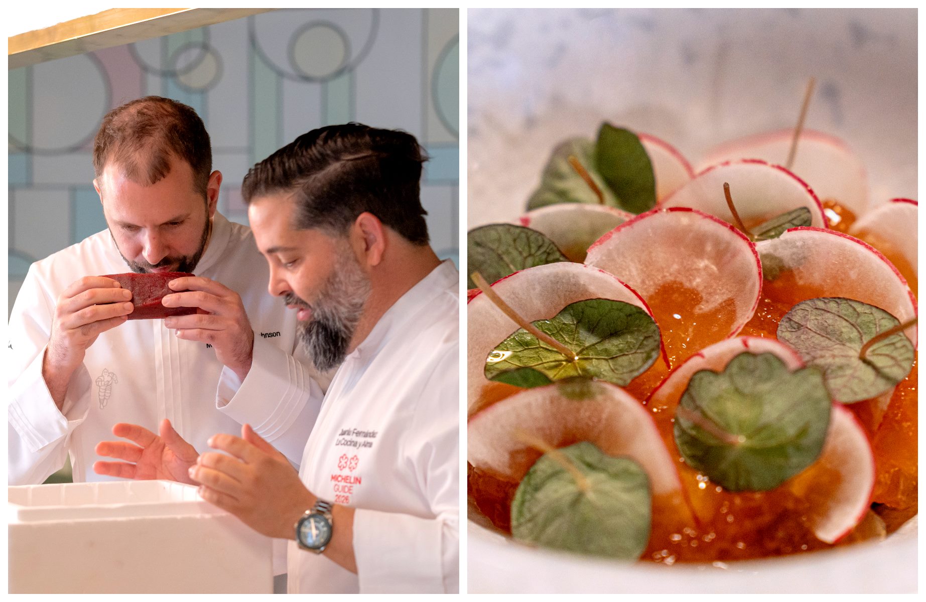 “From the pig to its feet, from the tuna to its fins,” Fernández says, explaining to Labron-Johnson how all the parts of the tuna are used in Cádiz and how he cooks each one. © MICHELIN Guide