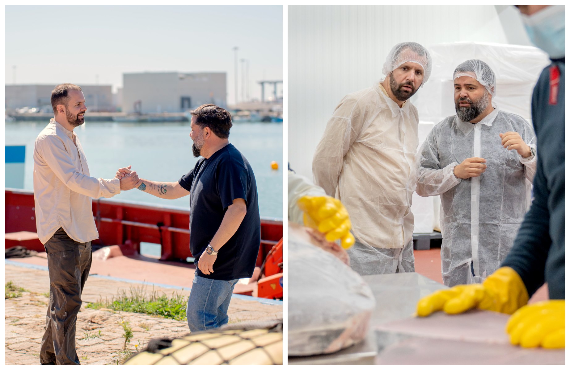 The chefs in the port of Barbate. The word “almadraba” comes from the Andalusian Arabic “al-maḍraba,” meaning “the place where one strikes” or “place of struggle,” alluding to the battle between the fishermen and the tuna at sea. © MICHELIN Guide