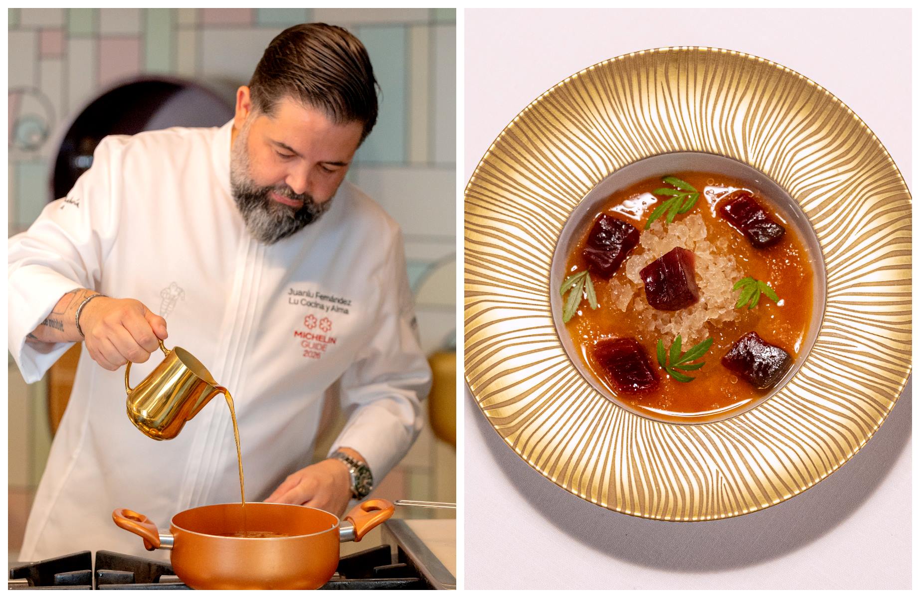 Juanlu Fernández cooking at his restaurant LÚ Cocina y Alma; and tomato and mint dashi with tuna aged in amontillado salt. © MICHELIN Guide