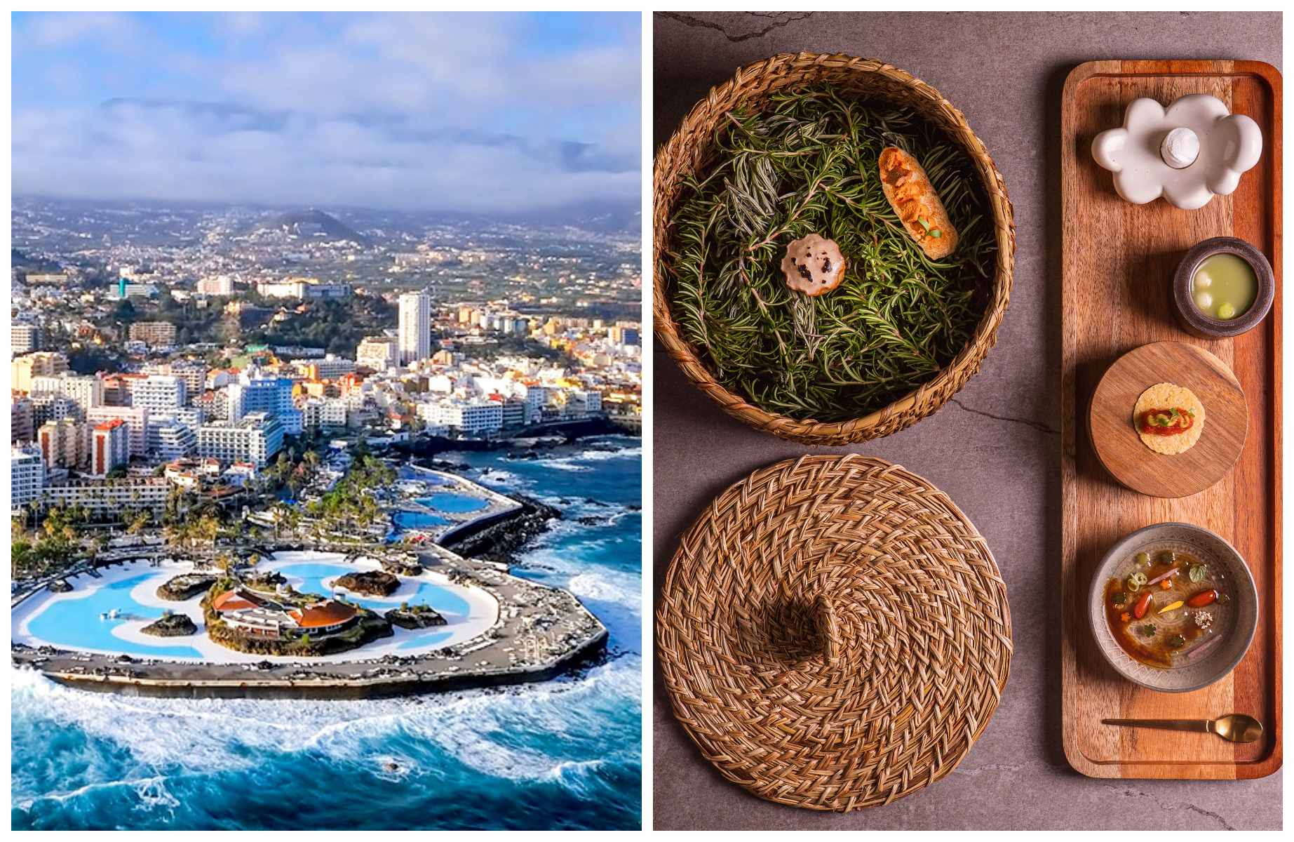 À gauche, vue aérienne de Puerto de la Cruz et du Lago Martiánez, qui redéfinit les loisirs au bord de l'océan à Tenerife ; à droite, le croisement des cultures au Nub, qui fait dialoguer des racines italiennes, chiliennes et canariennes. © rusm/iStock ; Eduardo Gorostiza/Nub