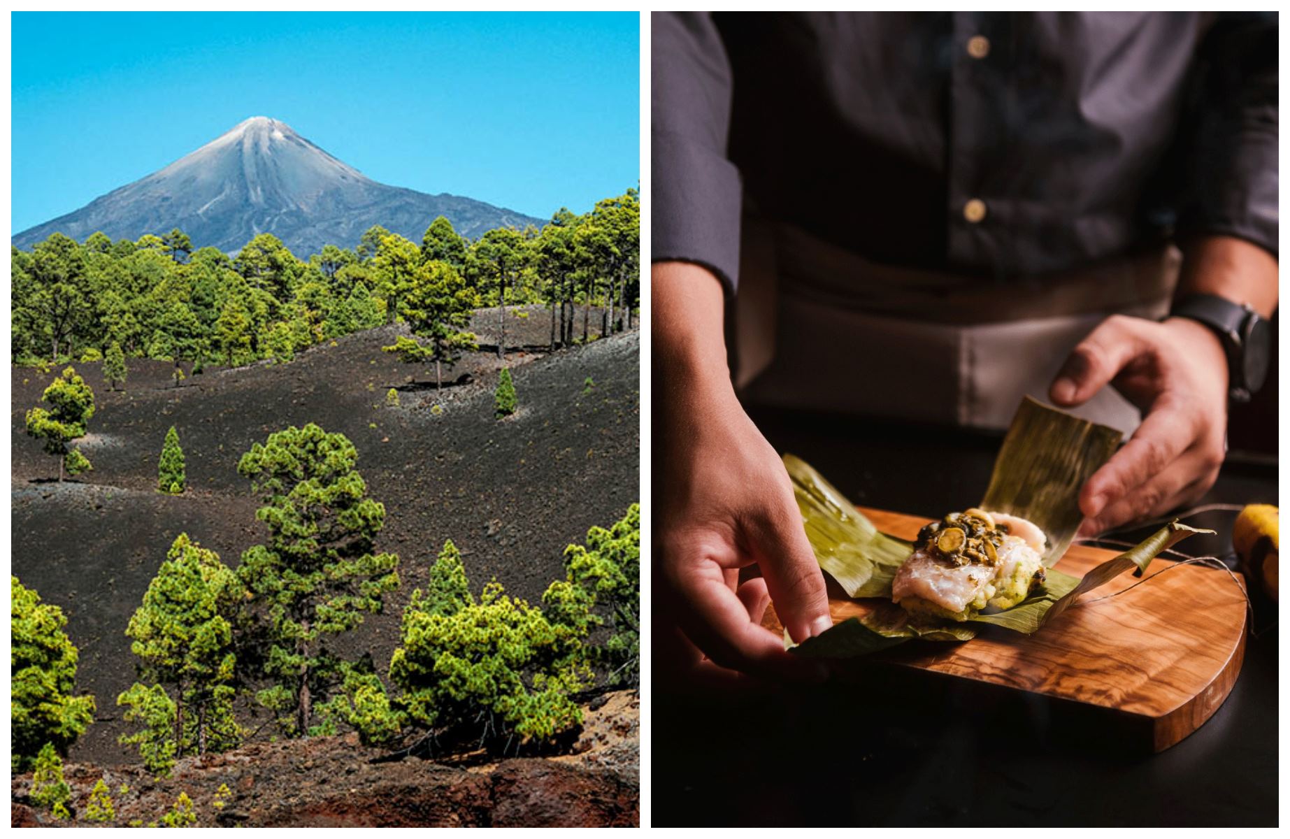 Le Teide : le géant qui façonne le paysage (et le caractère) de Tenerife depuis le cœur de l’île ; Vieja rôtie en feuille de bananier, du restaurant El Rebojo, à l’identité canarienne affirmée. © piola666/iStock ; POLINA/El Rebojo