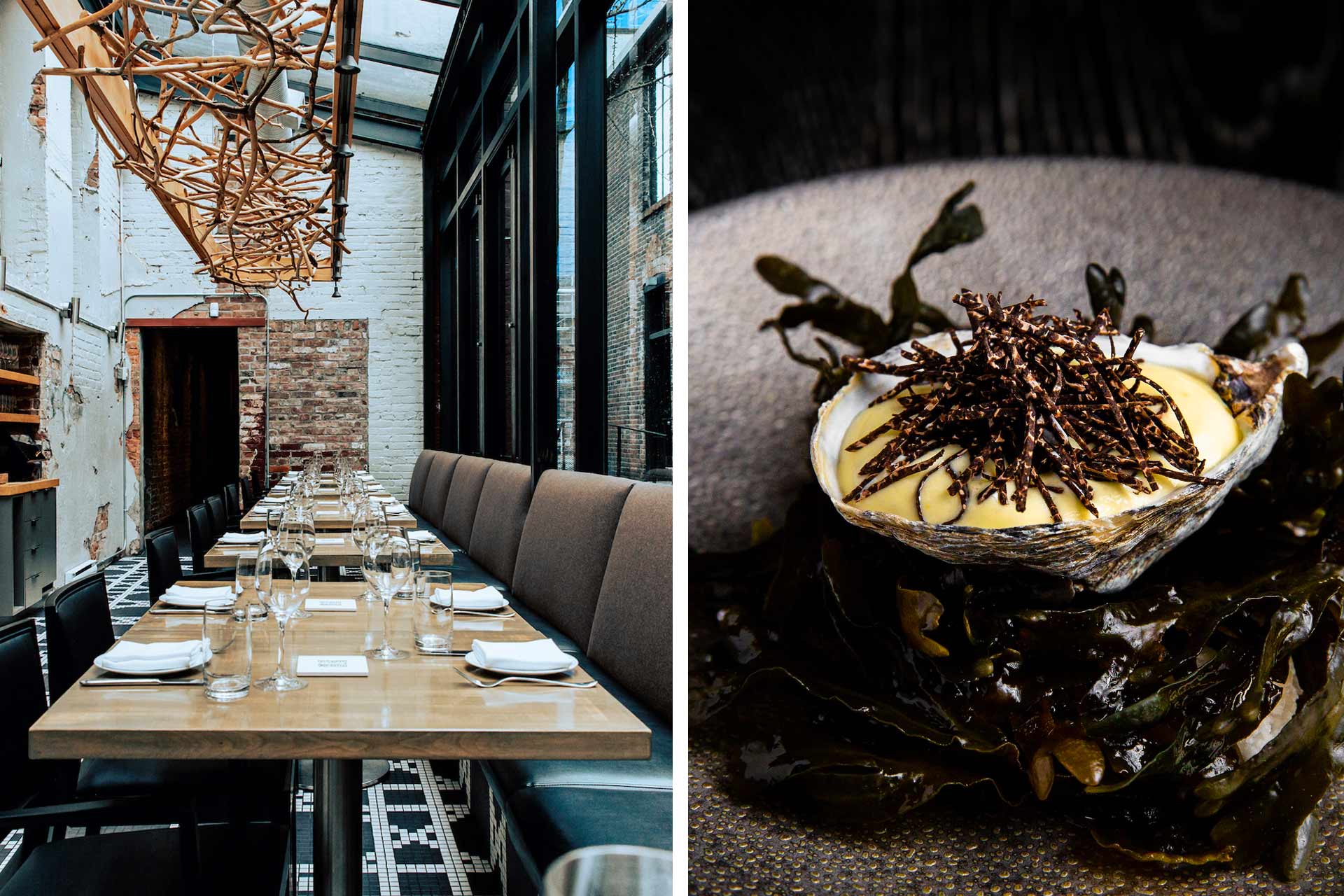 The dining room at L'Abbatoir and an oyster with black seaweed. © Eric Milic/L'Abattoir