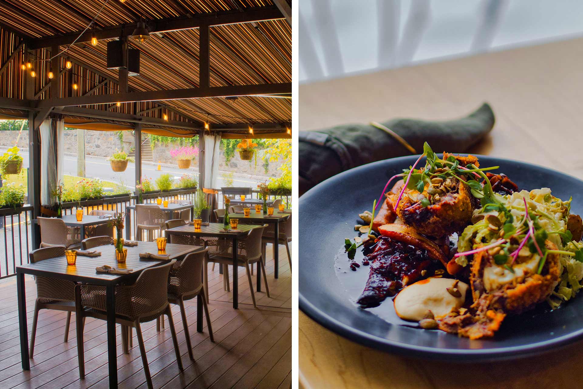 Relax on the patio at Bibine Buvette and dig into the farm to table food at Au Pâturage - Espaces Gourmands. © Virginie Landry pour Bibine Buvette/Bibine Buvette | © Virginie Landry pour Au Pâturage/Au Pâturage - Espaces Gourmands