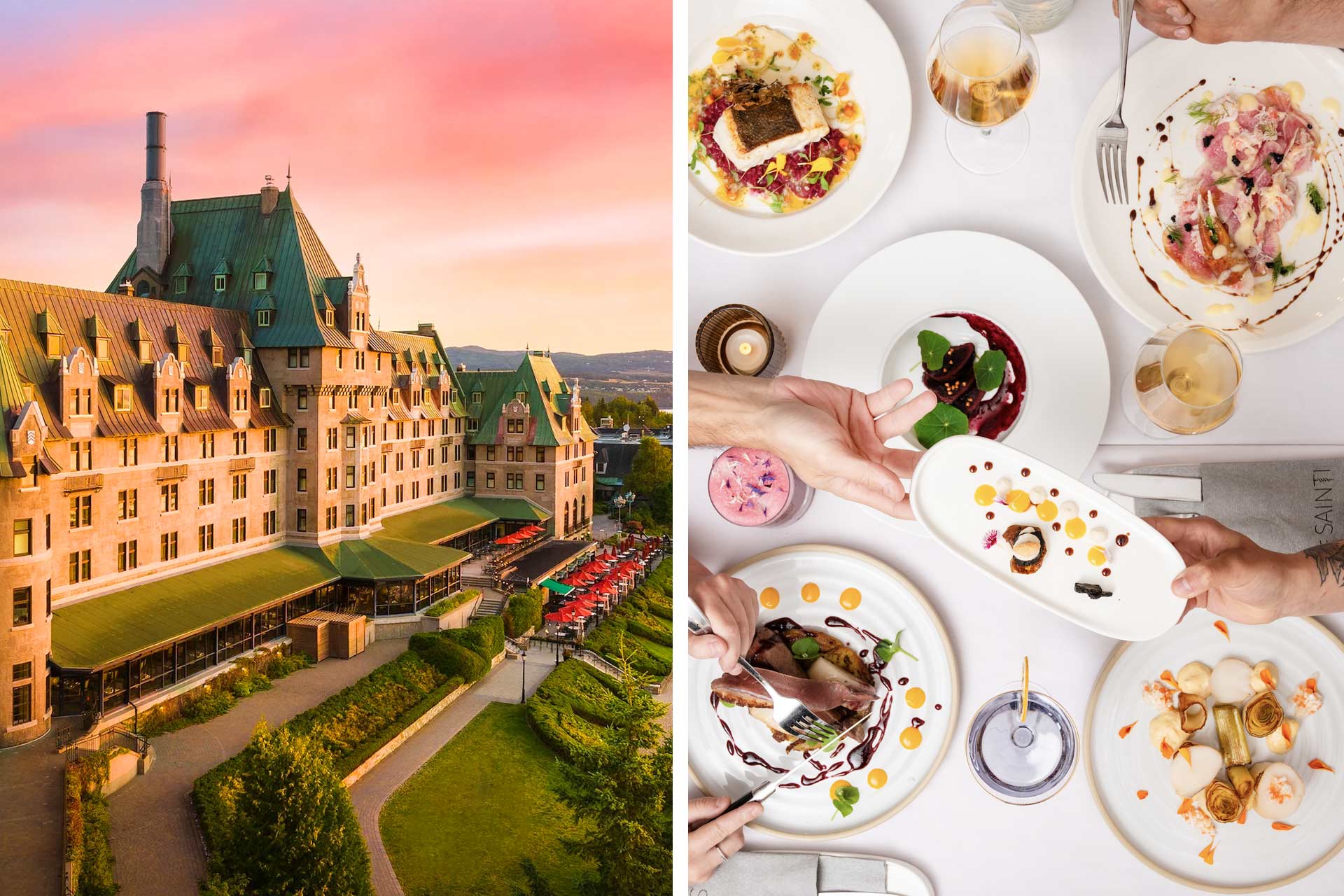 Québec’s grandest and most historic hotels, the Fairmont Le Manoir Richelieu and the various locally sourced plates from Le Sainti. © Fairmont Le Manoir Richelieu | © Noémie Leblanc/Le Sainti