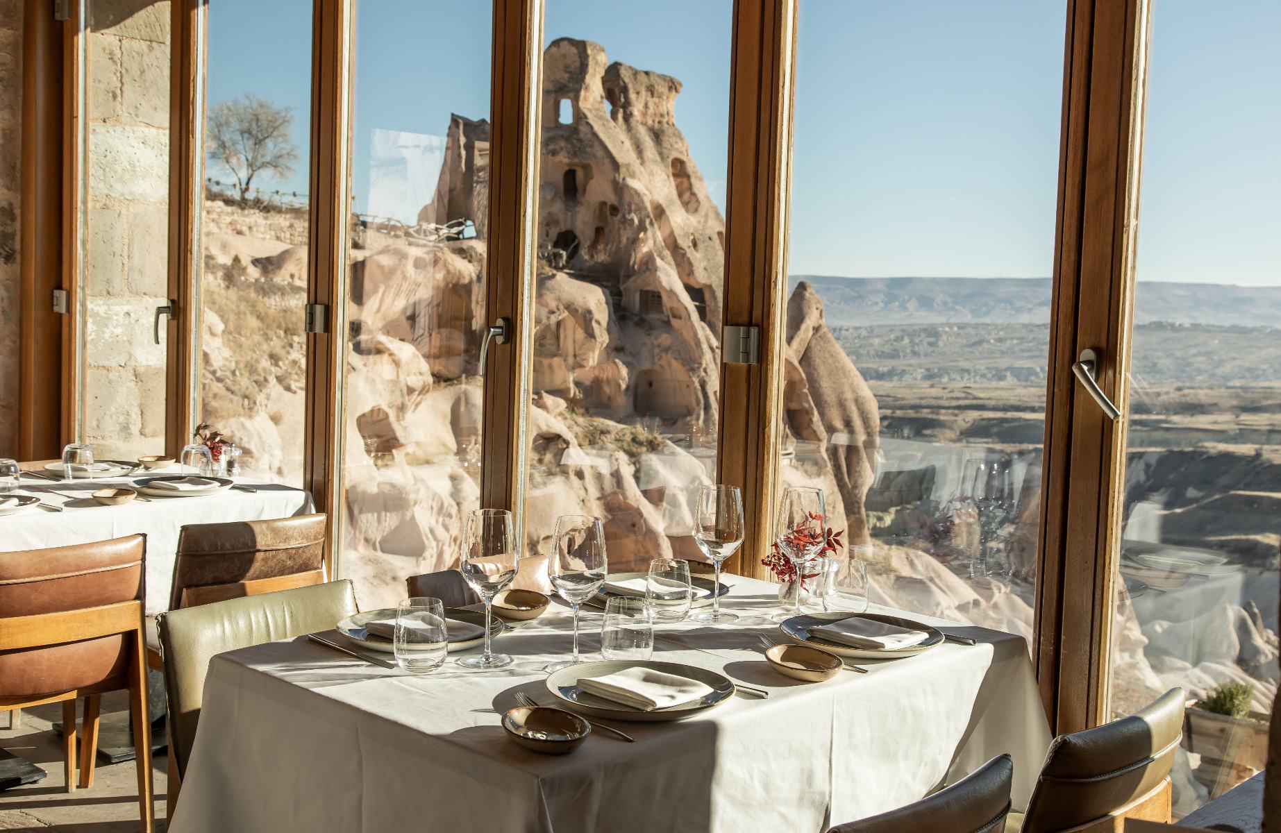 At Seki, views of the terraced Argos gardens unfold into Cappadocia’s distinctive, wave-like landscape. © Seki Restaurant