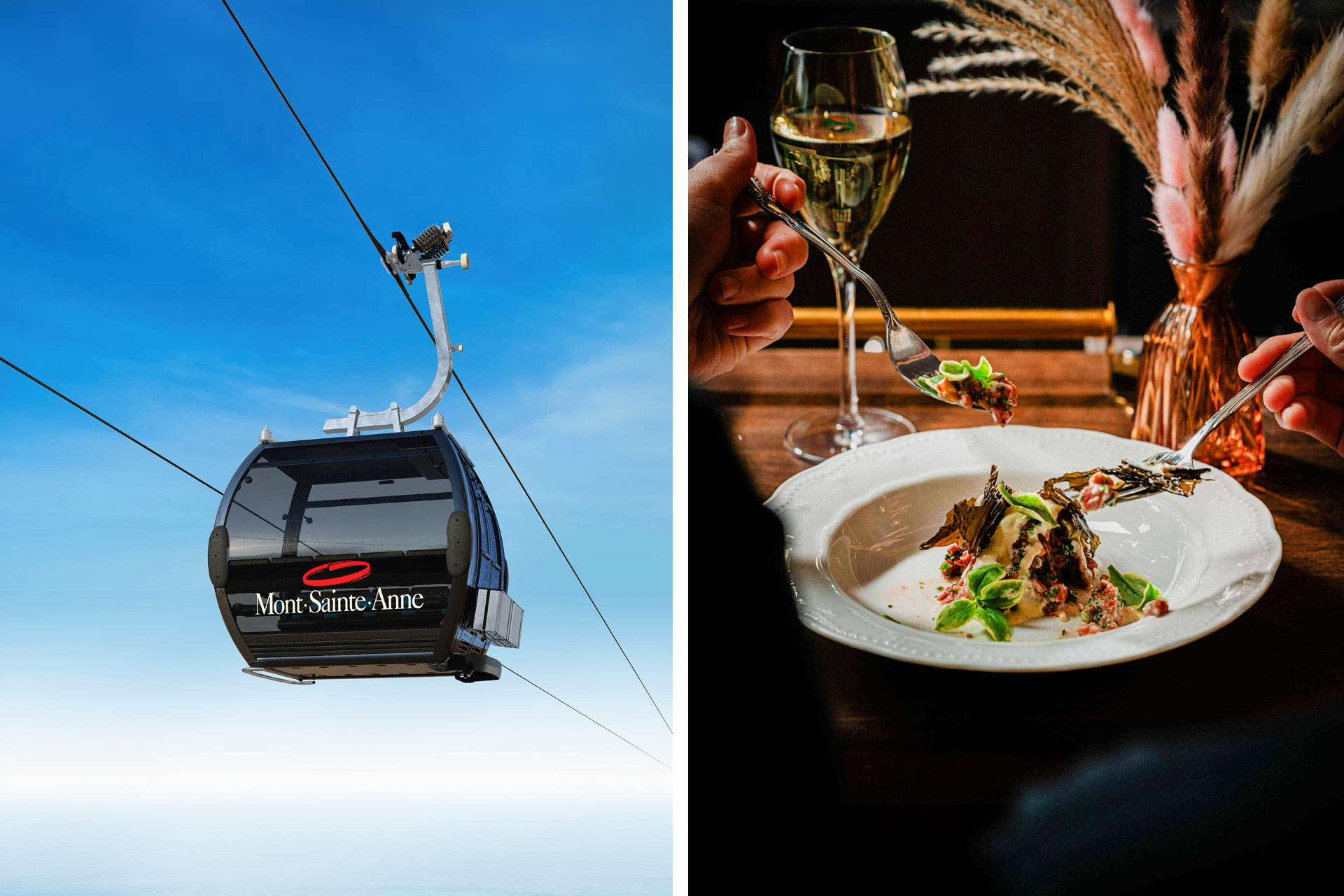 See Mont-Sainte-Anne from above in the Doppelmayr, 10-person gondola and end the day with a delicious shared plate at Coquette. © Doppelmayr | © Ludovic Gauthier/Coquette