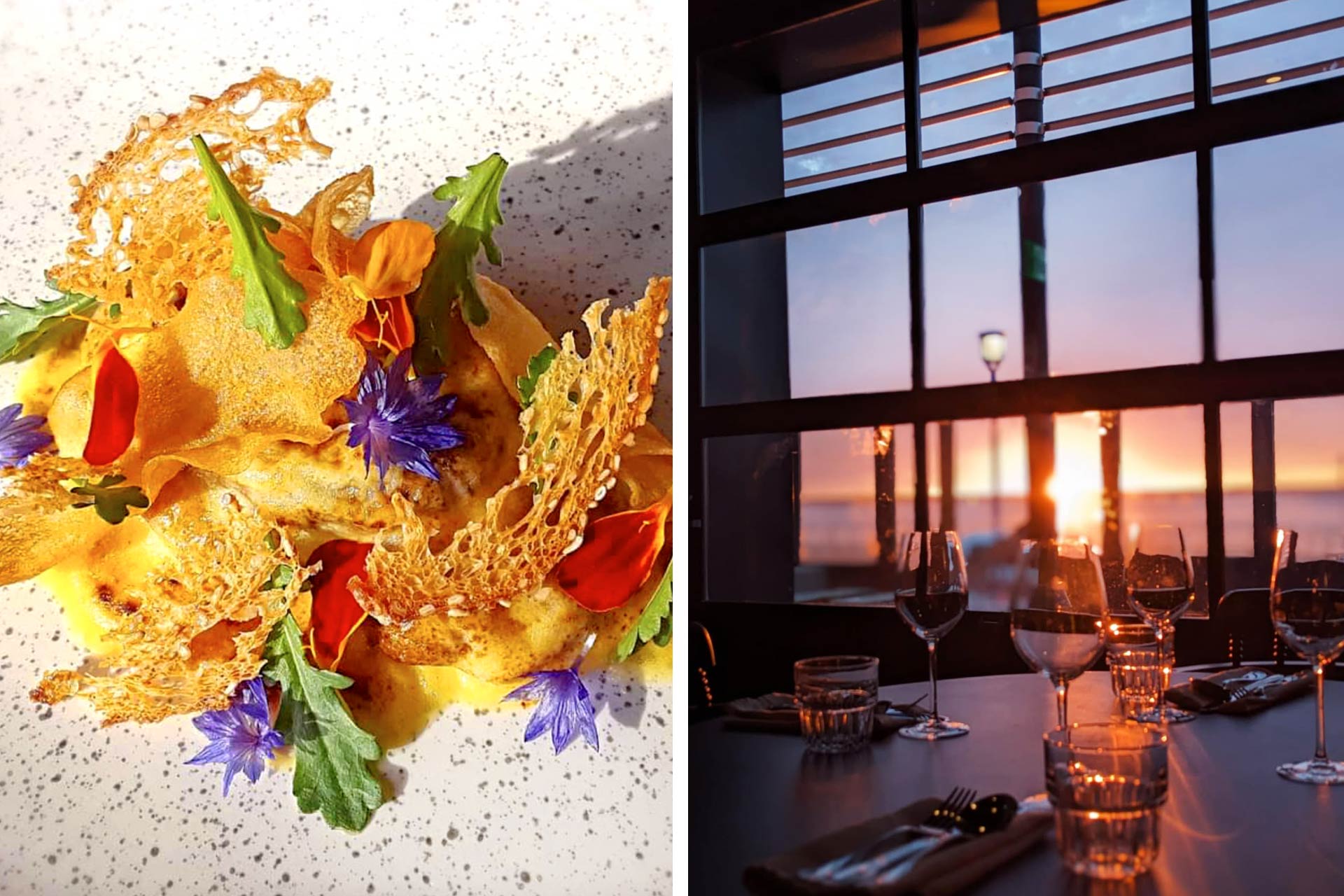 Creative seafood entree topped with eatable flowers from Narval and the floor to ceiling window view from Losange. © Norman St-Pierre/Narval | © Chloé Gassion/Losange