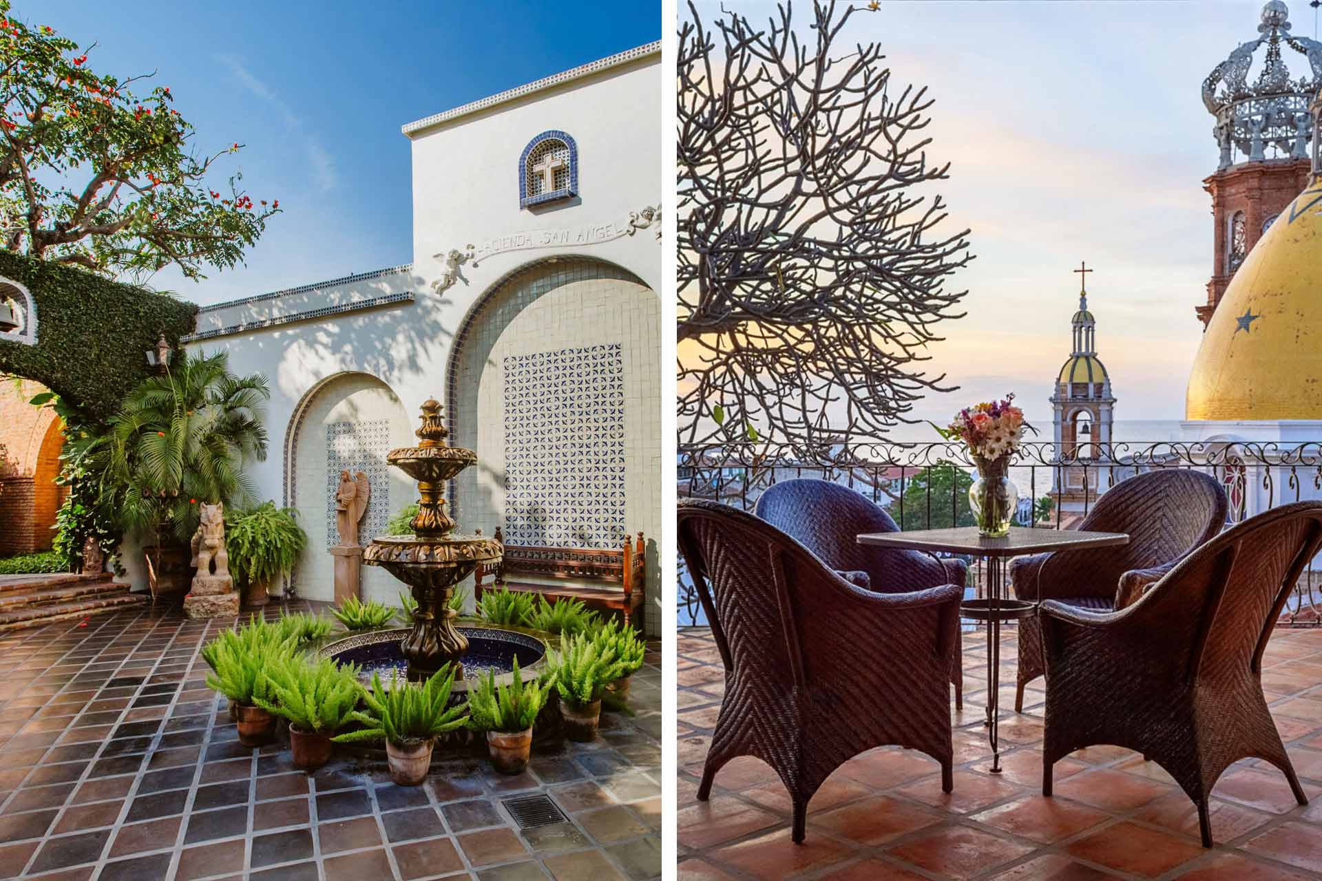 The Hacienda San Angel courtyard is a welcoming spot. Drinks with a view of the domed spire of the Guadalupe church and sea from BellView Boutique Hotel. © Hacienda San Angel | © BellView Boutique Hotel