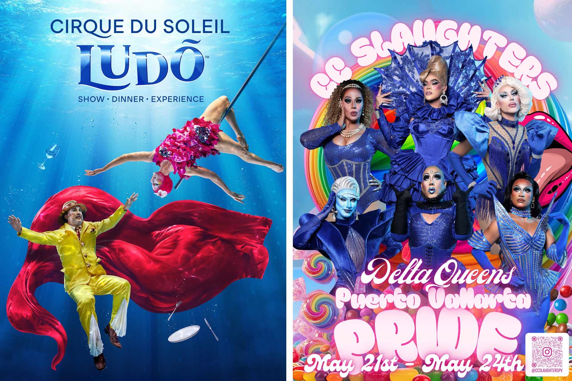 Enjoy dinner and a show at Cirque du Soleil's show LUDÕ and a drag extravaganza at CC Slaughters. © Grupo Vidanta / © Marc Montplaisir/ Agence Mom Studio | © CC Slaughters/@ccslaughterspv