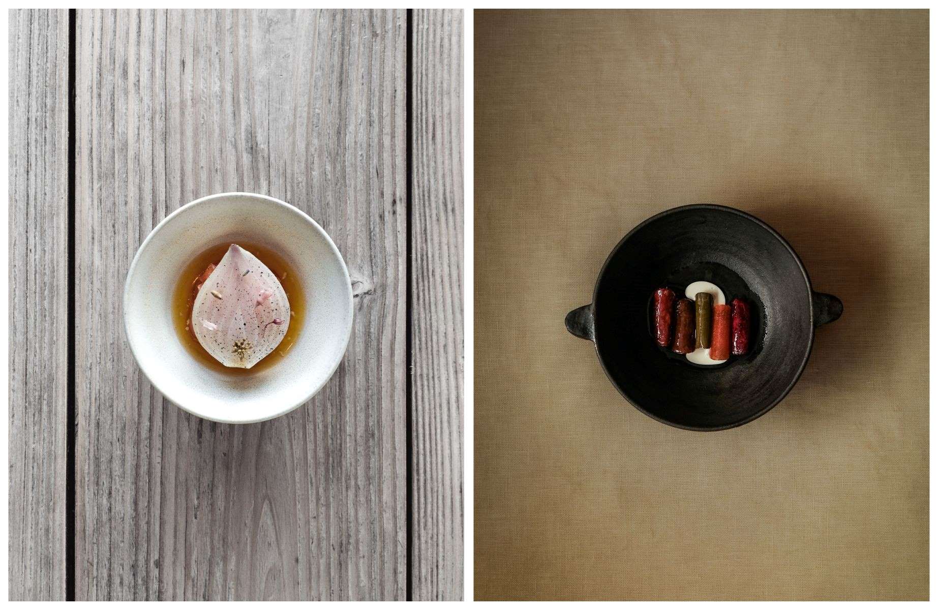 Beautifully presented salmon and shrimp dishes from Bornholm and Copenhagen respectively. © Soren Kristian Reed/Kadeau Bornholm