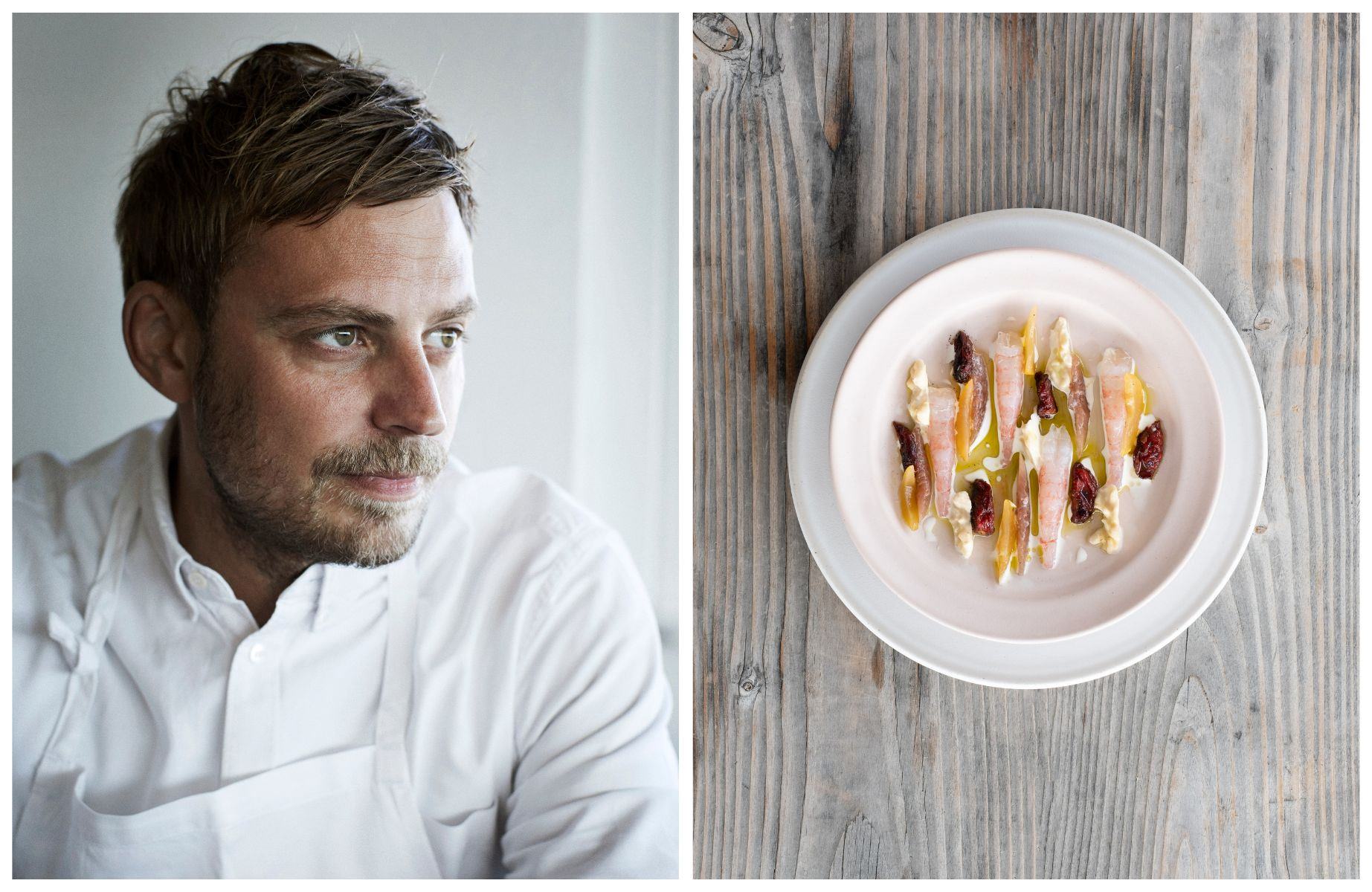 Chef Nicolai Nørregaard alongside his MICHELIN-Starred cooking at Kadeau Bornholm. © Mikkel Heriba/Kadeau Copenhagen, © BurntSaltStudio_Raw_Shrimps_Bornholm_2023/Kadeau Bornholm