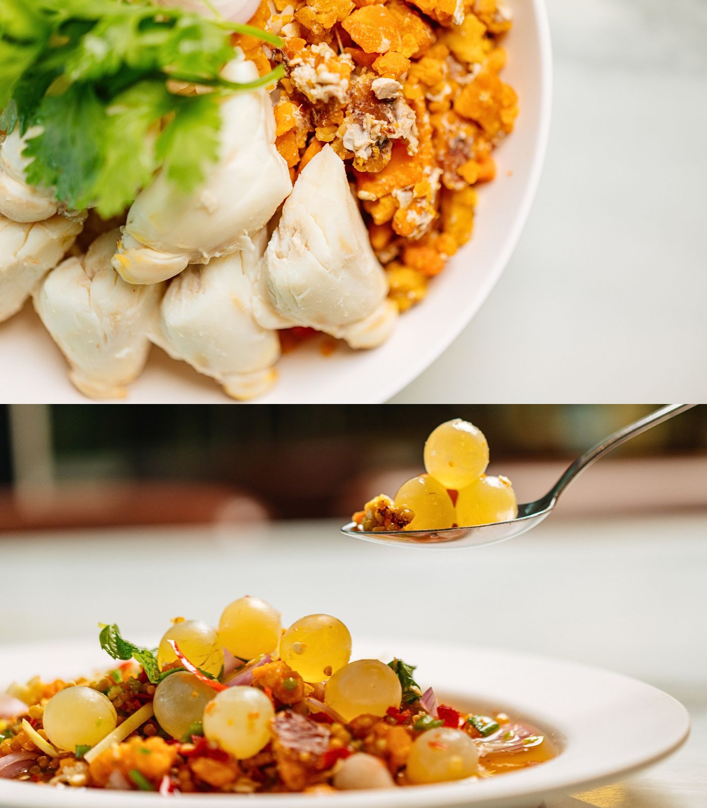 Signature dishes Khao Khayam Pu and Yam Sam Khai. © Anuwat Senivansa Na Ayudhya/MICHELIN Guide  