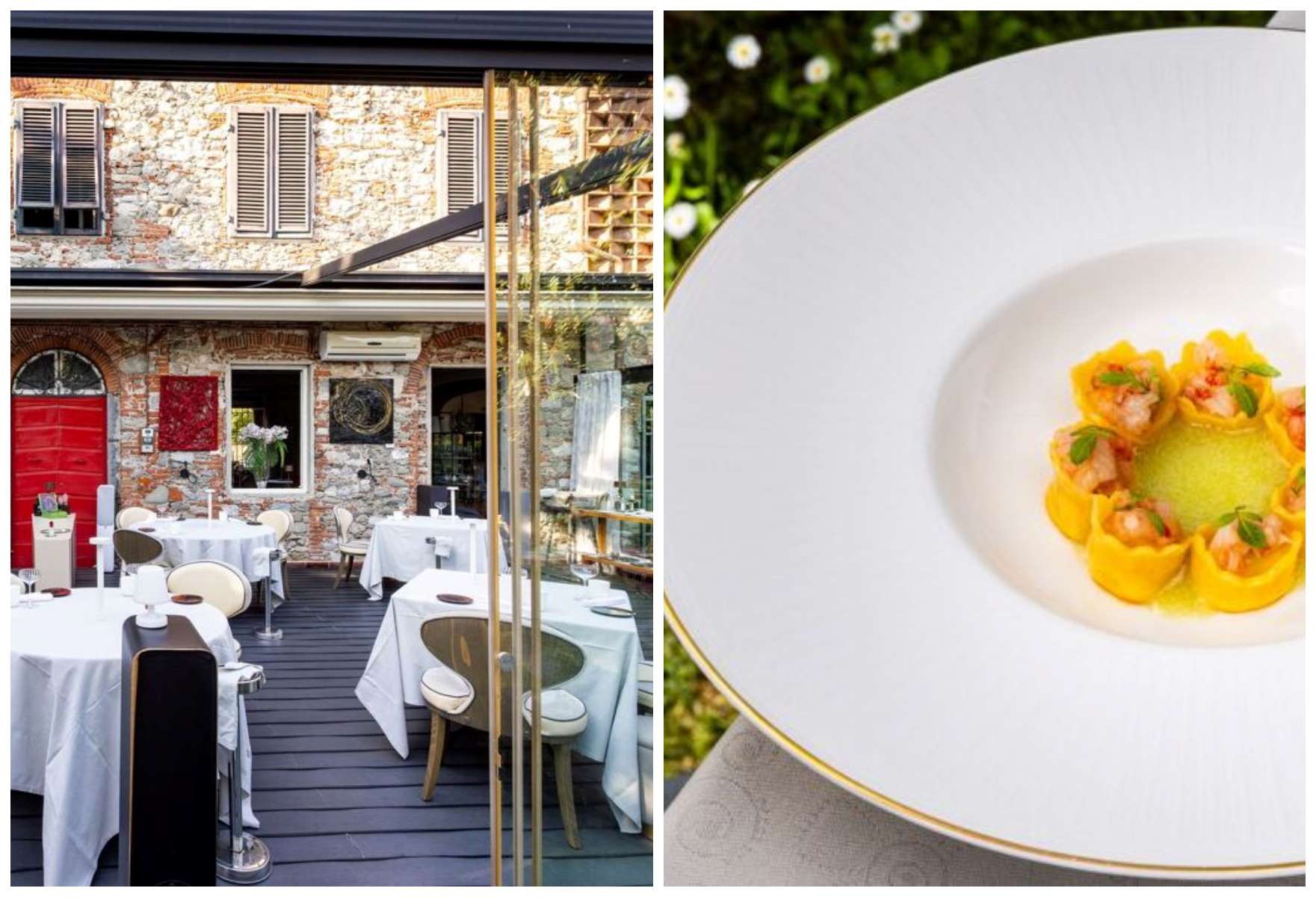 Housed in a charming 19th‑century farmhouse, our Inspectors particularly loved the Tyrrhenian scampi grilled on blazing lava stone with liquid Catalana sauce, baby radish salad and green mango. © Andrea Gherardi/Butterfly