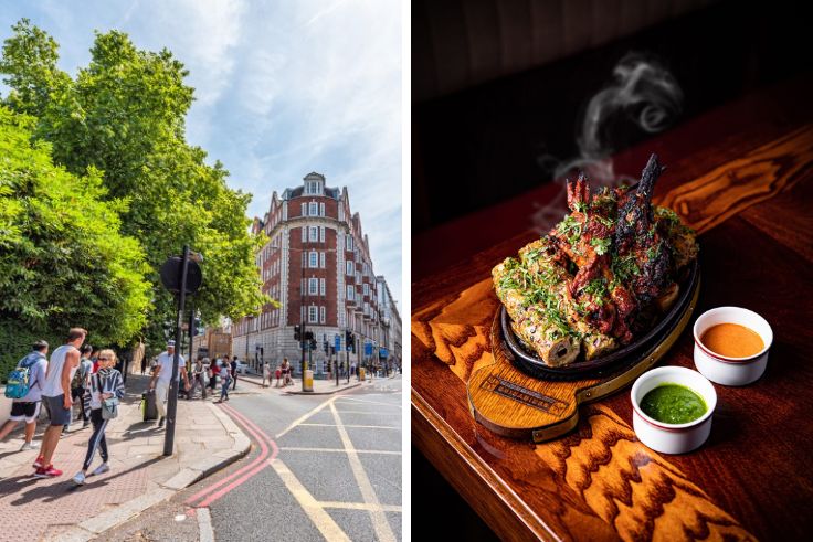 People walking along Baker Street and an Indian dish from Brigadiers. © krblokhin/iStock, © Marcus Cobden/Brigadiers