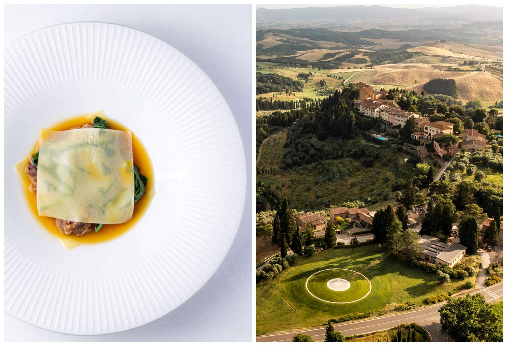 The One-MICHELIN-Star Linfa is one to bookmark when visiting the village of San Gimignano, while the regal Two-Key Castelfalfi hotel is a must, even if just for lunch. © Niccolò Poppi/Linfa, © Castelfalfi