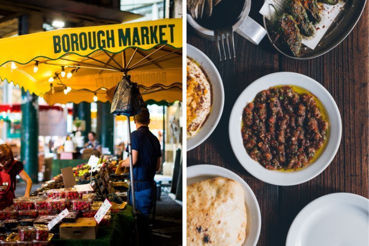Produce stalls at the bustling Borough Market and nearby Greek eatery AGORA. © coldsnowstorm/iStock, © Gilles Draps/AGORA