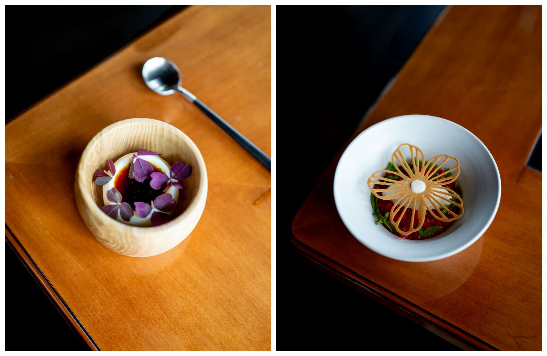 Left: Milk ice cream with birch syrup, tapped directly from the trees by the Steampunk team; right: White chocolate panna cotta with strawberries, elderflower, yuzu, and delicate white asparagus ice cream © Malgorzata Minta