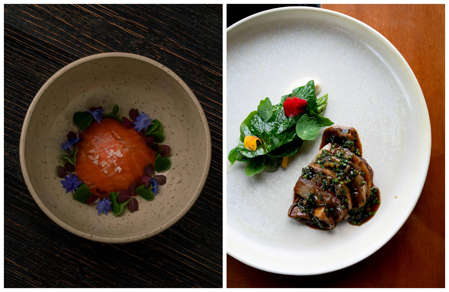 Left: Salmon, Sour Cream, Cucumber - Cured Salmon served with house-made crème fraîche, cucumber juice jelly. Right: Braised celery root, served with grilled oyster mushrooms and a vegetable-mushroom reduction infused with kaffir lime oil. © Malgorzata Minta