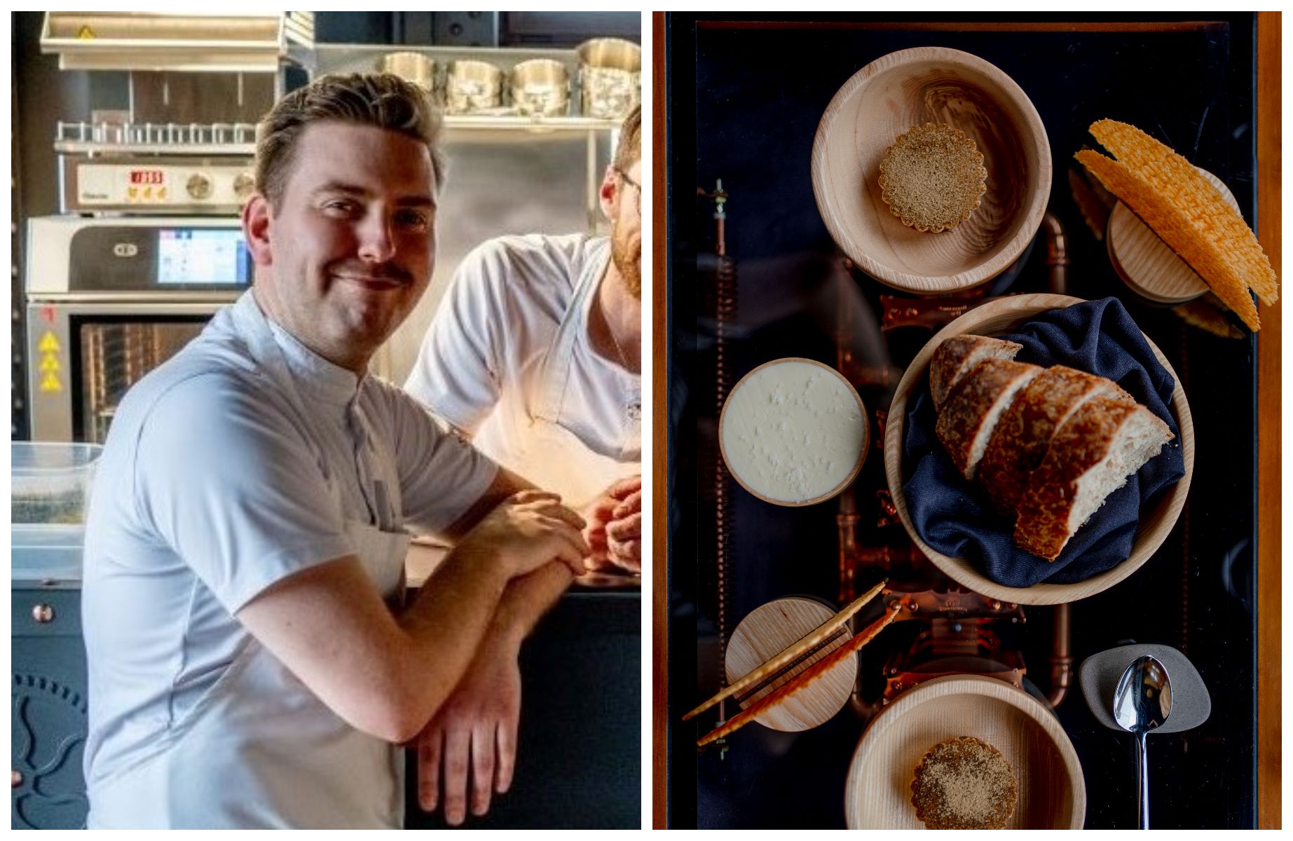 Left: Chef Ziemowit Owczarz; right: Selection of bread and Amuse-Bouches  © Malgorzata Minta