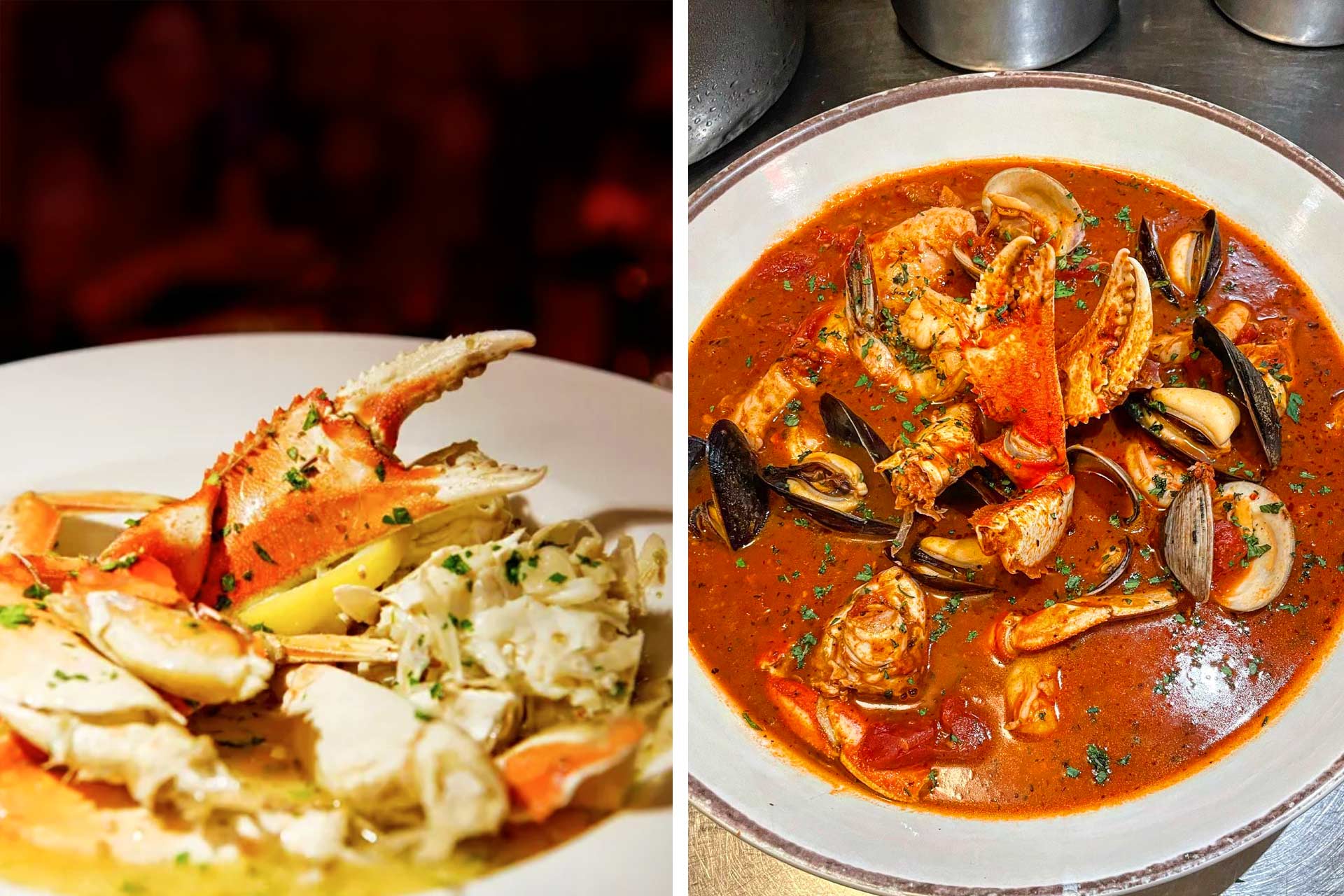 Anchor Oyster Bar's Dungeness crab in a butter garlic sauce and their classic cioppino. © Roseann Grimm, owner/Anchor Oyster Bar