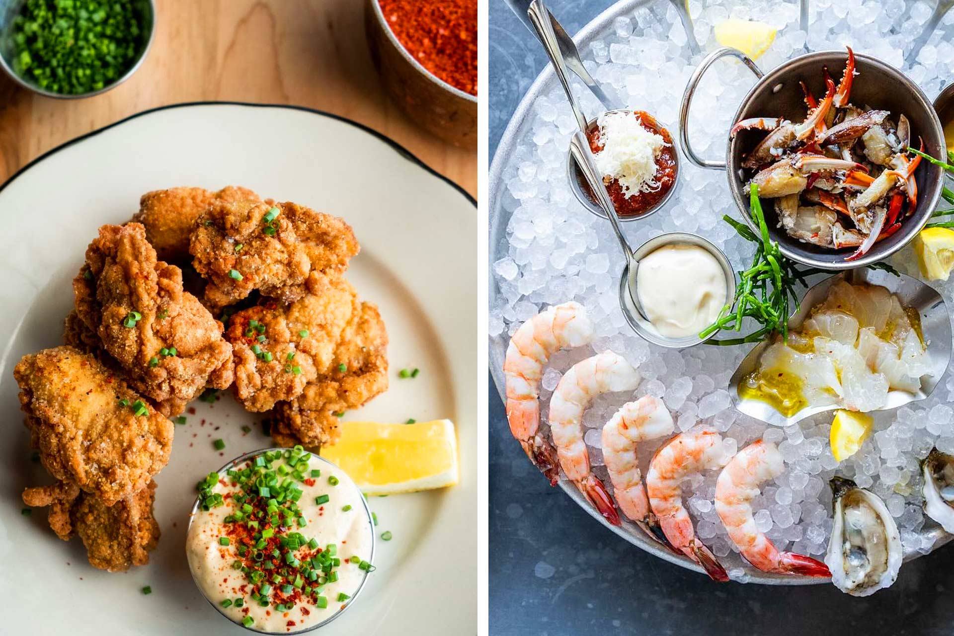 Automatic Seafood's cornmeal-fried oysters and seafood platter with marinated crab claws and shrimp. © Caleb Chancey /Automatic Seafood and Oysters