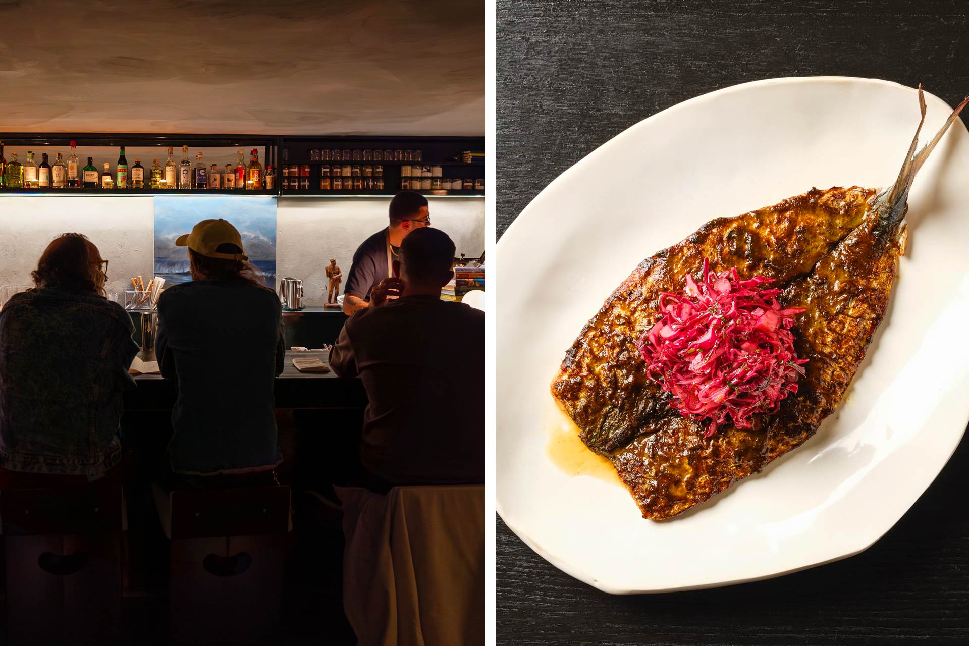 Counter seating provides a front-row seat to chefs preparing dishes like Boston mackerel brightened with seaweed and ginger. © Bernard Lin | © Justin Sisson/Smithereens