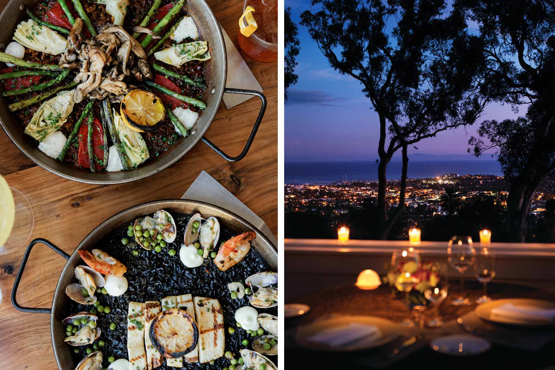 Paella at Loquita and the view of the Pacific Ocean and city of Santa Barbara from El Encanto. © Loquita | © El Encanto