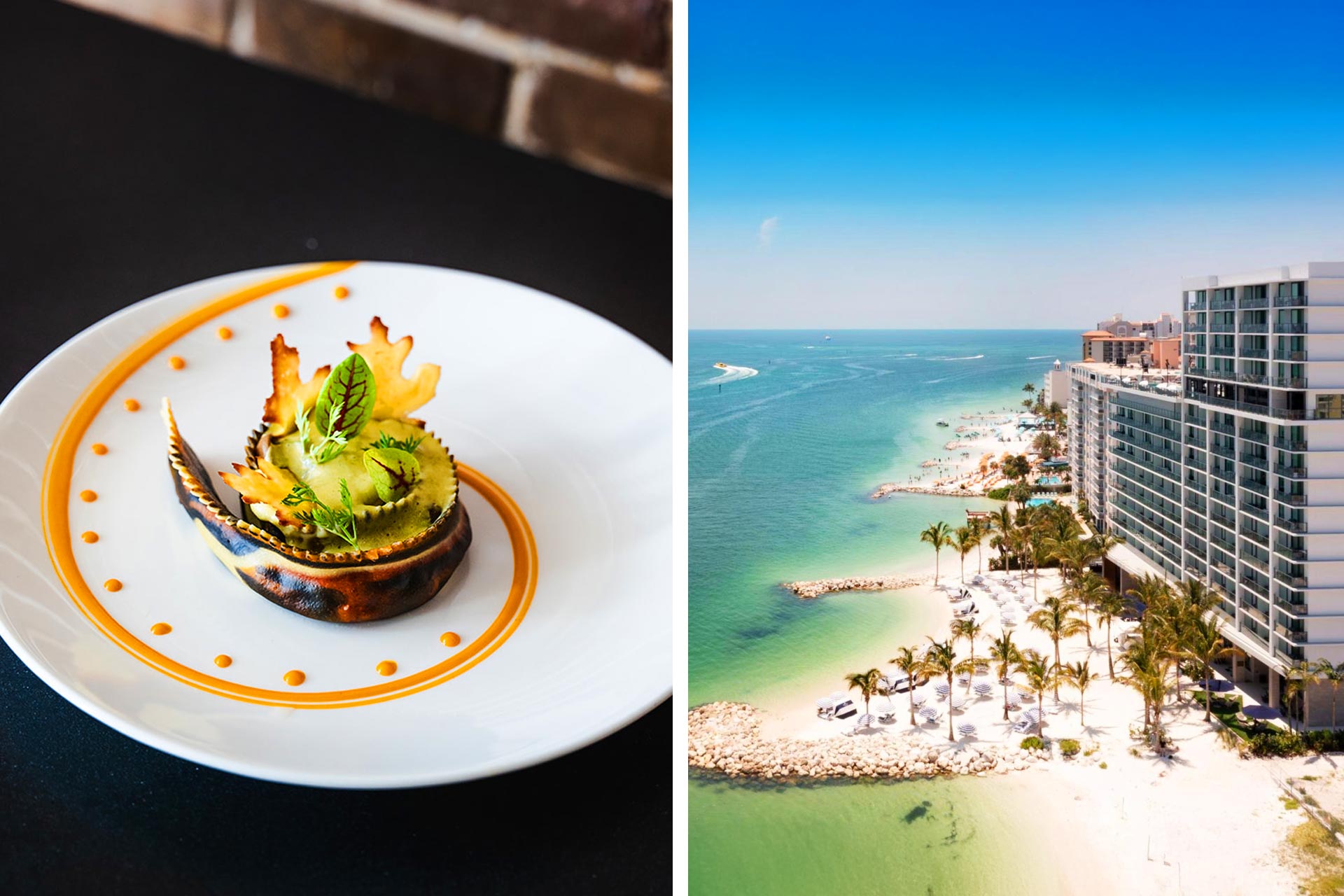 Modern Italian food at Il Ritorno and the white sand beachfront of JW Marriott Clearwater. © Jarod Hunter/Il Ritorno | © JW Marriott Clearwater Beach Resort & Spa