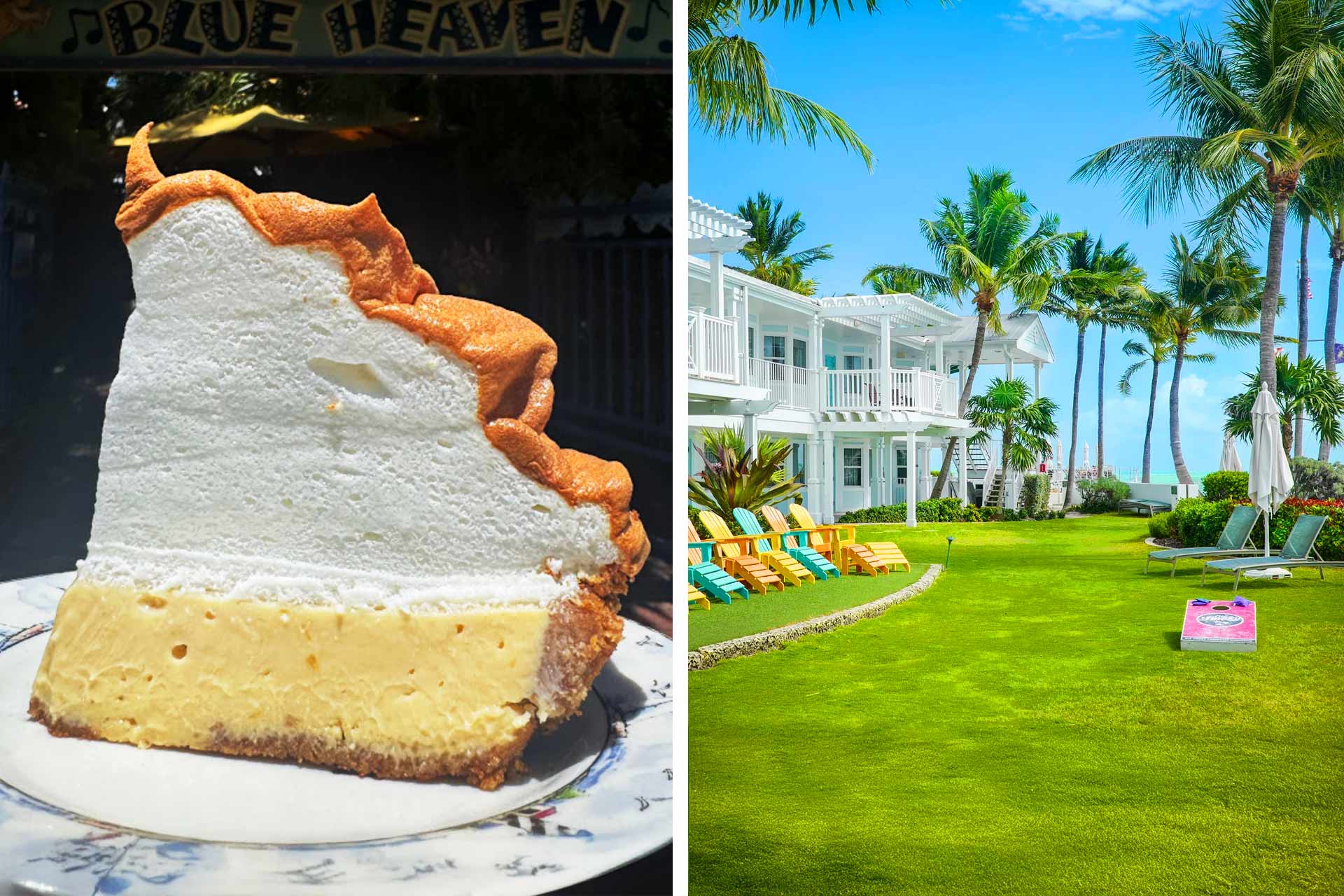 Classic key lime pie at Blue Heaven and a round of cornhole at Southernmost Beach Resort & Guesthouses make for a perfect Key West day. © Richard Hatch/Blue Heaven | © Southernmost Beach Resort & Guesthouses