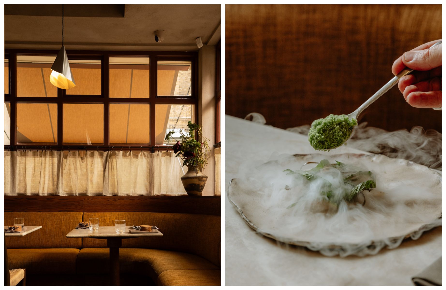 The sun-dappled dining room and one the kitchen's more theatrical dishes. © Inigo/Plates London, © Joanna Yee/MICHELIN Guide