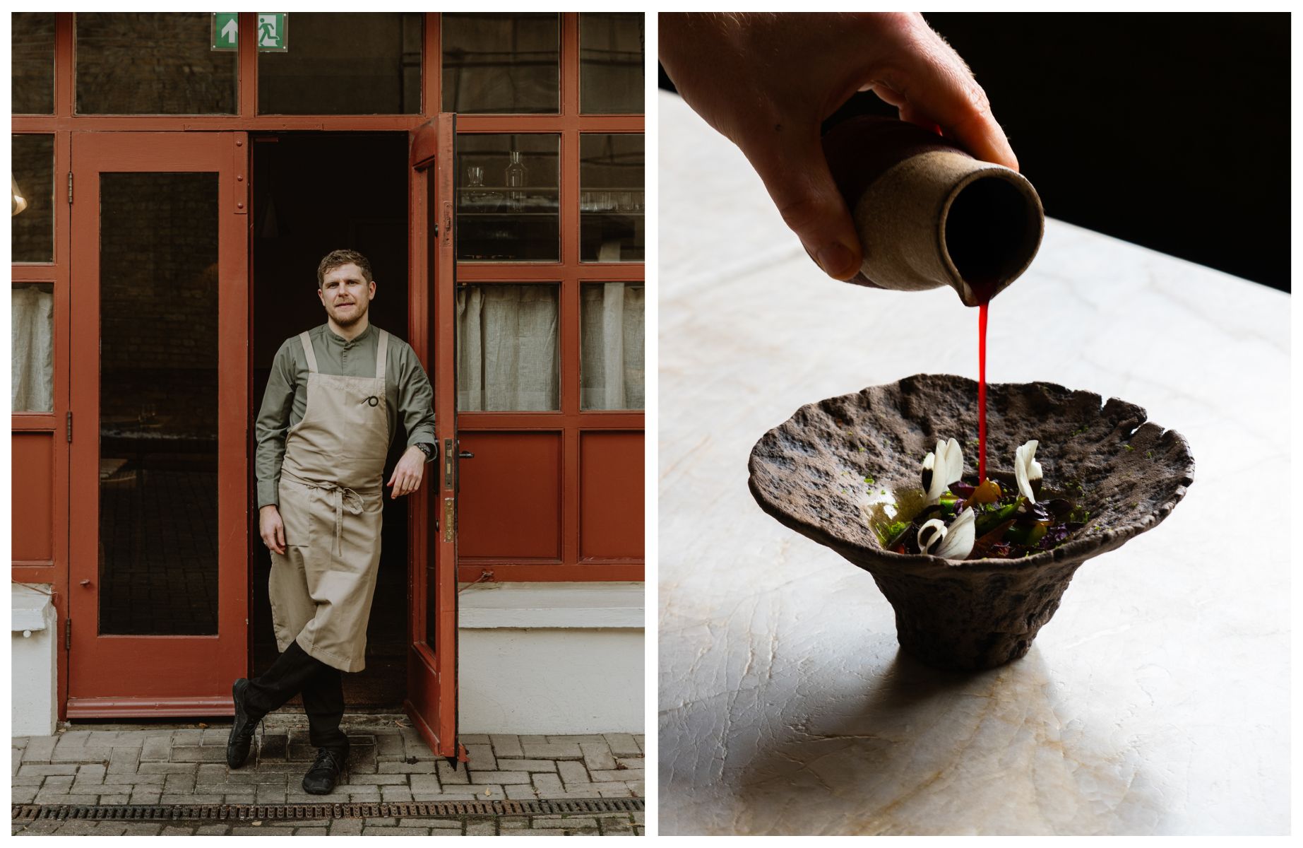 Chef Kirk Haworth alongside his asparagus dish that caught the eye of our Inspector. © Joanna Yee/MICHEIN Guide, © Plates London